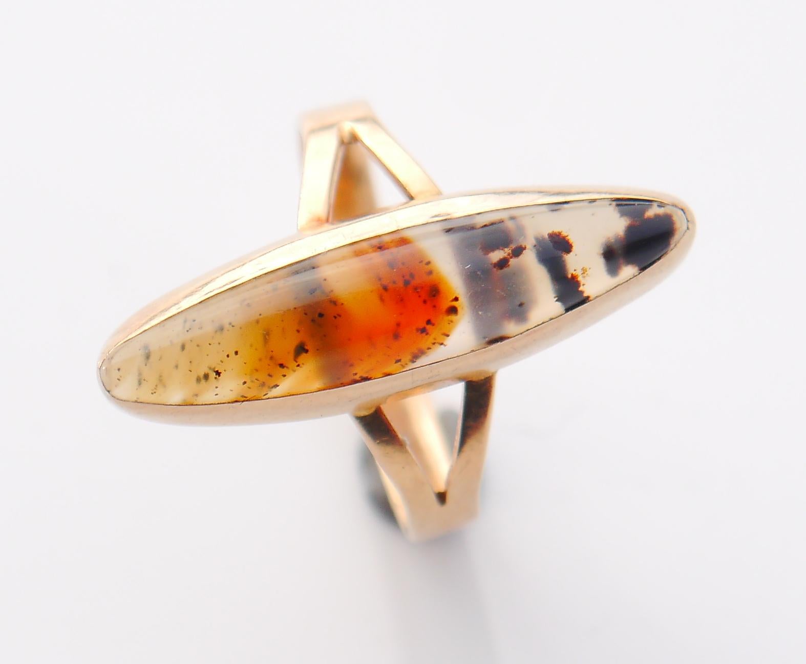 1920s Art Deco Boat Ring solid 18K Gold Dendritic Agate Size Ø 6.25US/2.7 gr For Sale 4