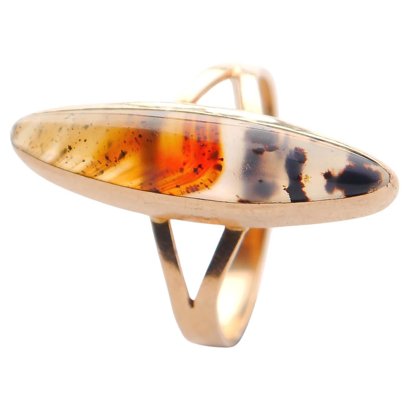 1920s Art Deco Boat Ring solid 18K Gold Dendritic Agate Size Ø 6.25US/2.7 gr For Sale