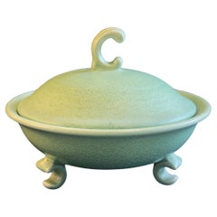 Antique 1920s Art Deco Bowl, Pastel Mint Green Glazed Tripod, Korean Vibe, Art Ceramic