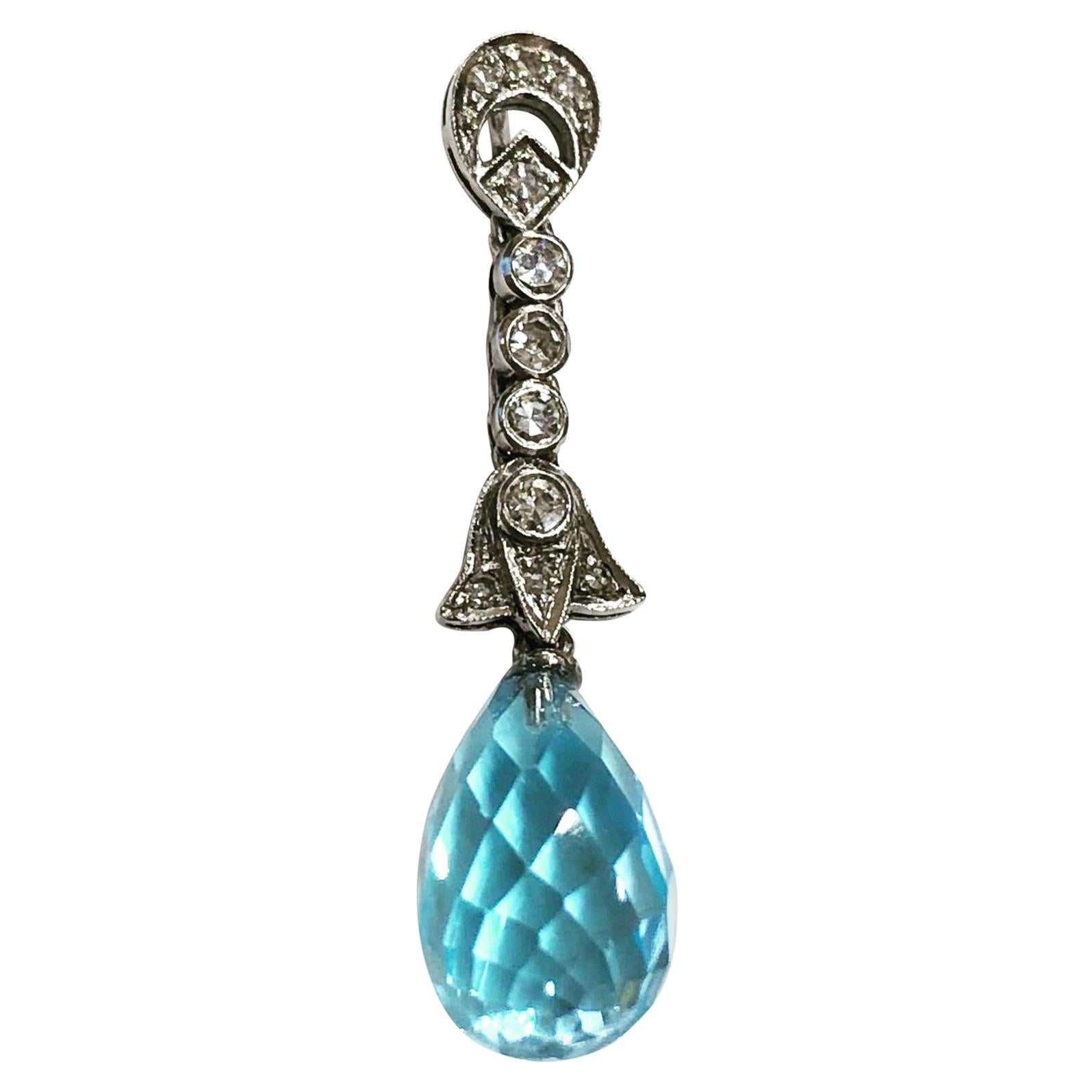 1920's Art Deco Briolette London Blue Topaz Diamond Platinum Pendant