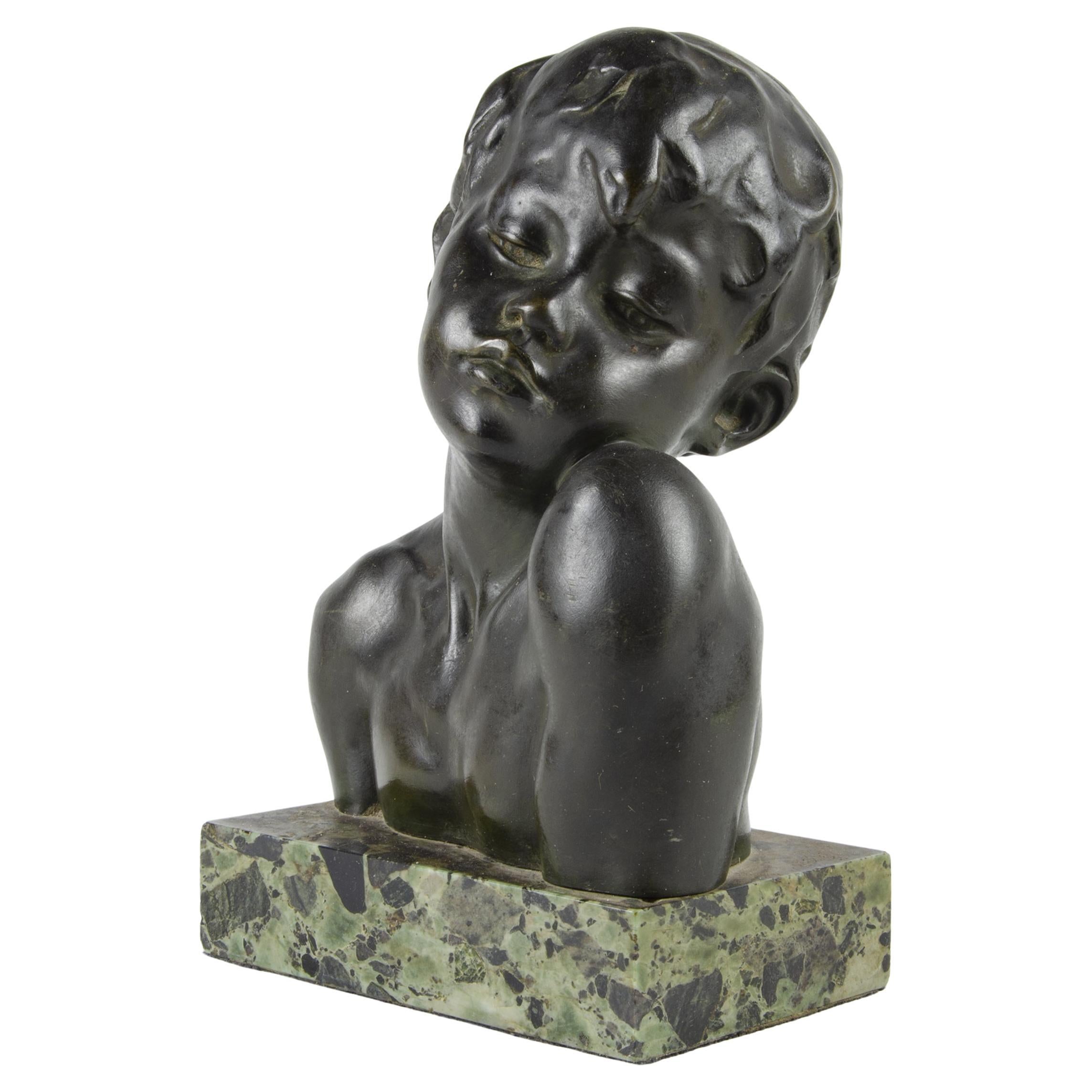 1920s Art Déco Bronze and Marble Bust of a Young Man by A. Gennarelli, France