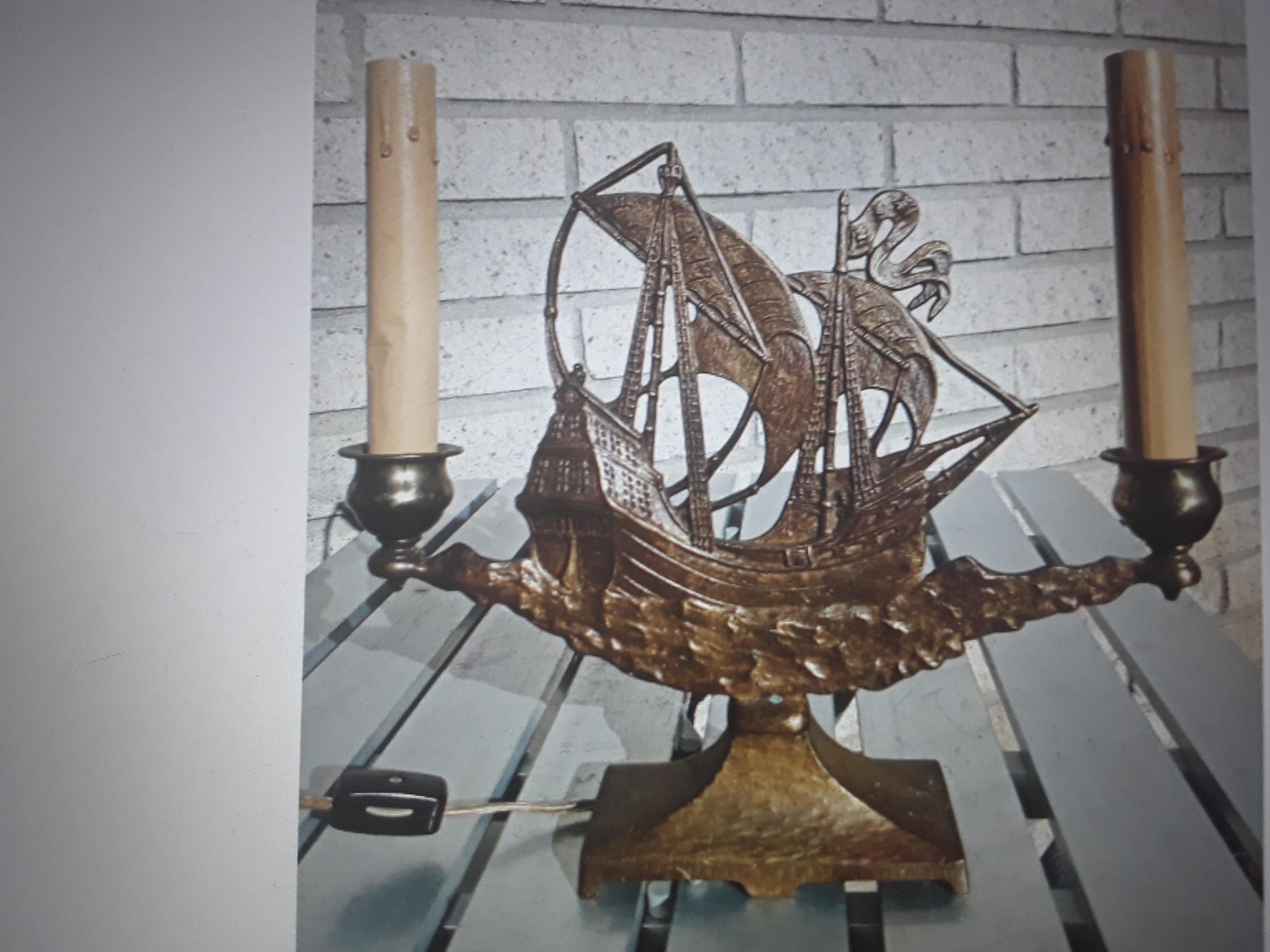 1920's Art Deco Bronze Ship/ Boat Table Lamp Oscar Bach Era In Good Condition For Sale In Opa Locka, FL