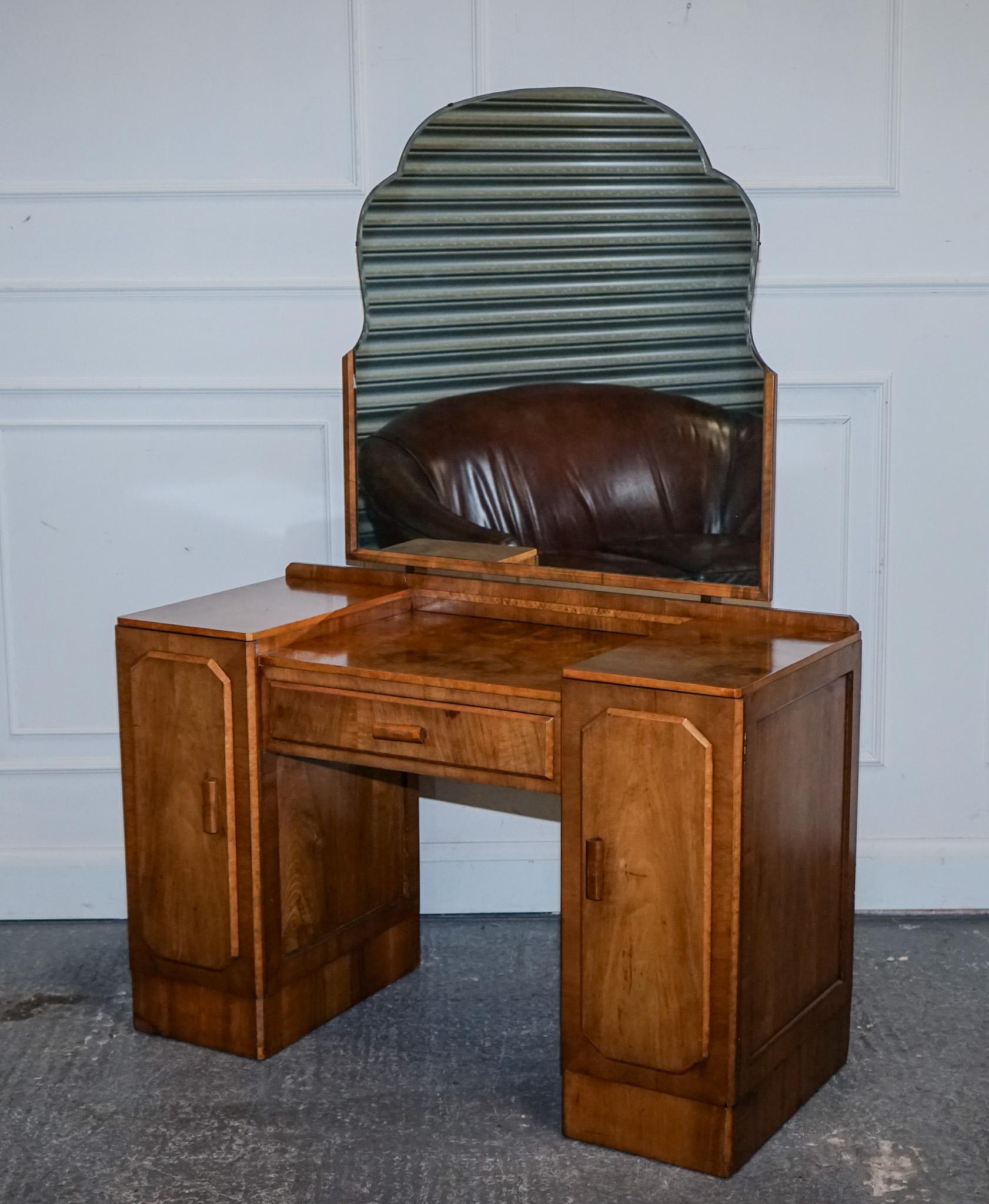 British 1920'S ART DECO BURR WALNUT DRESSING TABLE WITH LARGE MiRROR CUPBOARDS & DRAWERS For Sale