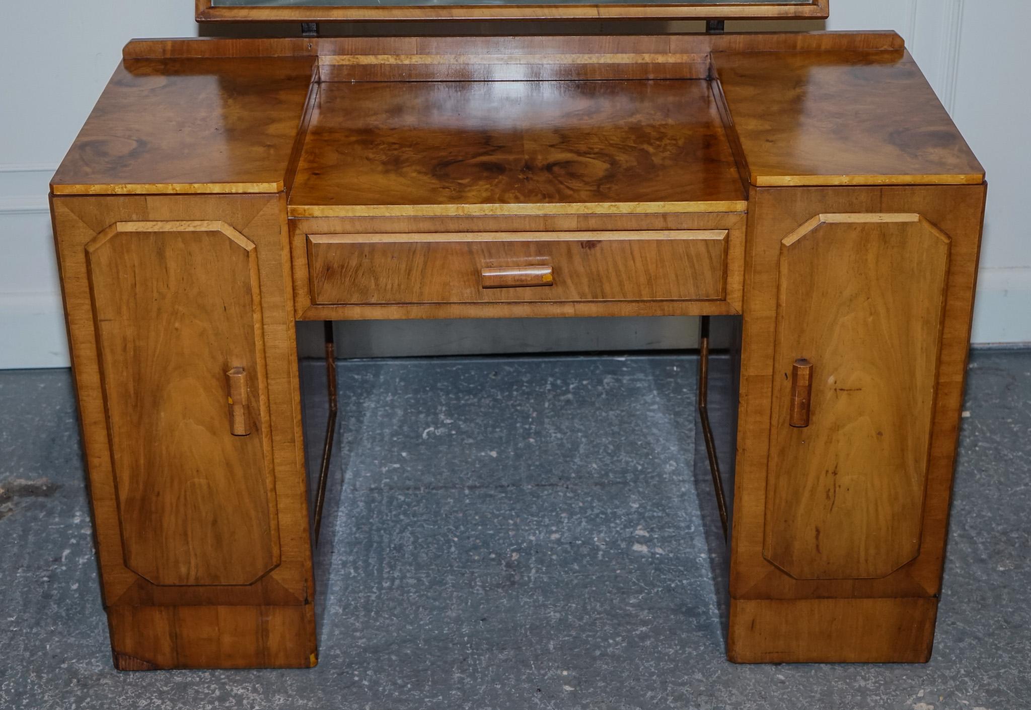Hand-Crafted 1920'S ART DECO BURR WALNUT DRESSING TABLE WITH LARGE MiRROR CUPBOARDS & DRAWERS For Sale
