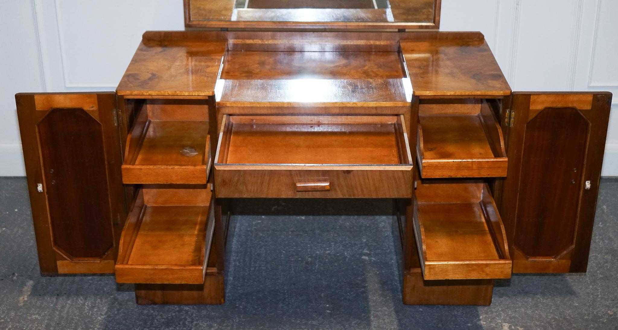 Walnut 1920'S ART DECO BURR WALNUT DRESSING TABLE WITH LARGE MiRROR CUPBOARDS & DRAWERS For Sale