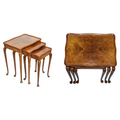 1920's ART DECO BURR WALNUT NIDO DE TRES PIES DE MESA QUEEN ANNE