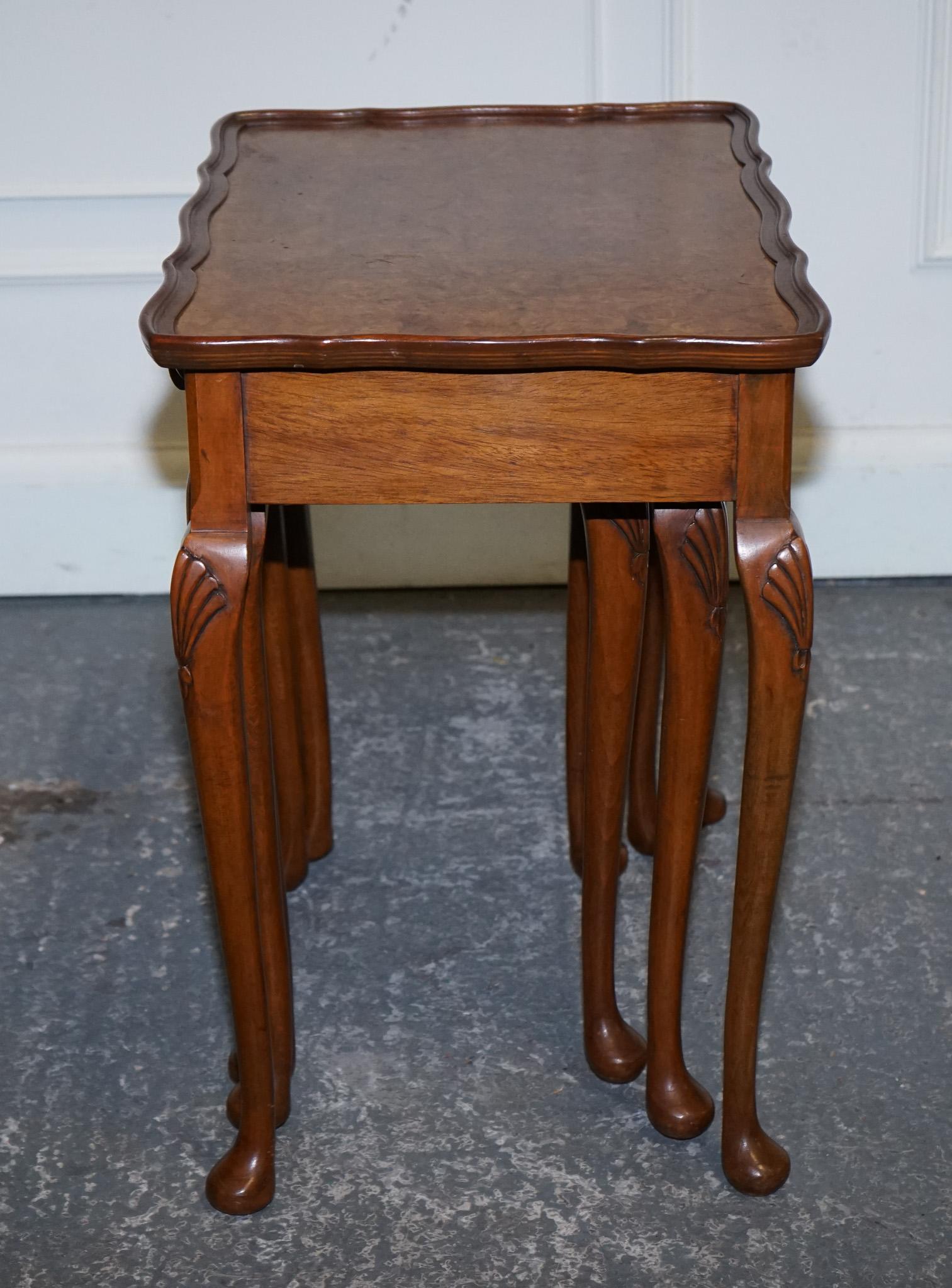 1920's ART DECO BURR WALNUT NEST OF THREE TABLES QUEEN ANNE LEGS For Sale 3