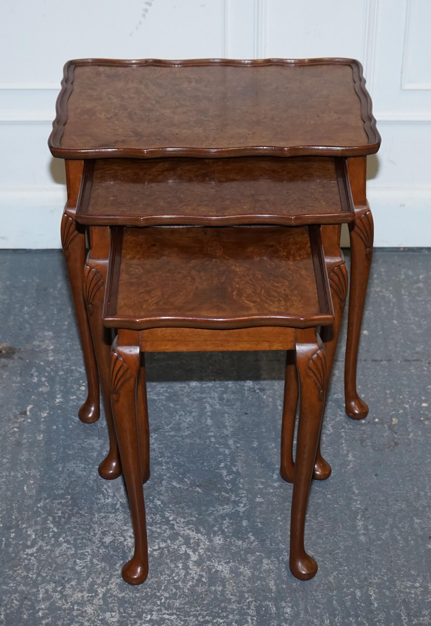 1920's ART DECO BURR WALNUT NEST OF THREE TABLES QUEEN ANNE LEGS For Sale 4