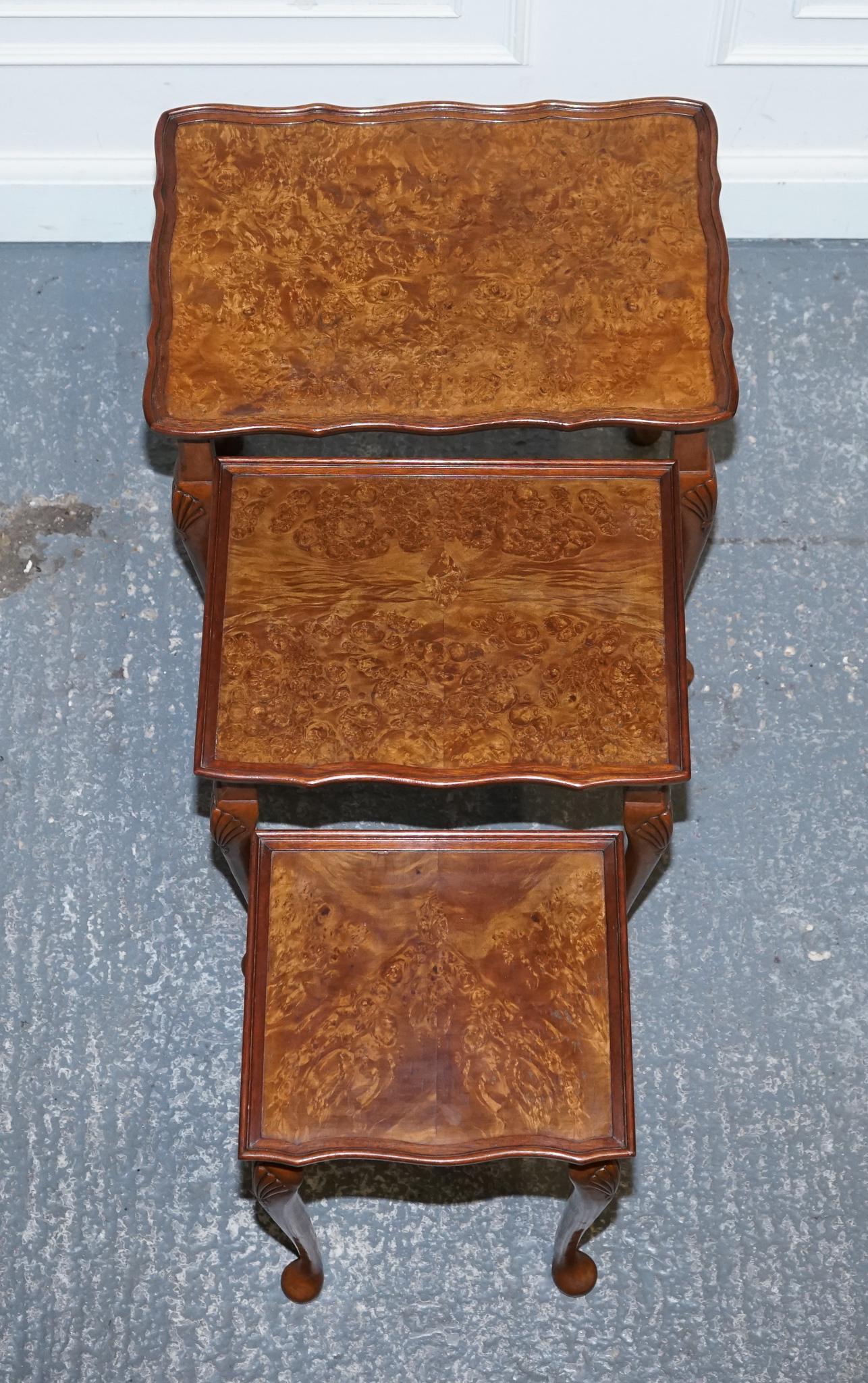 1920's ART DECO BURR WALNUT NEST OF THREE TABLES QUEEN ANNE LEGS For Sale 5