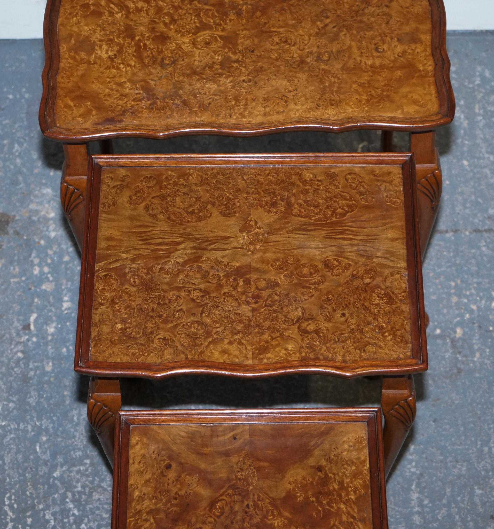 1920's ART DECO BURR WALNUT NEST OF THREE TABLES QUEEN ANNE LEGS For Sale 6