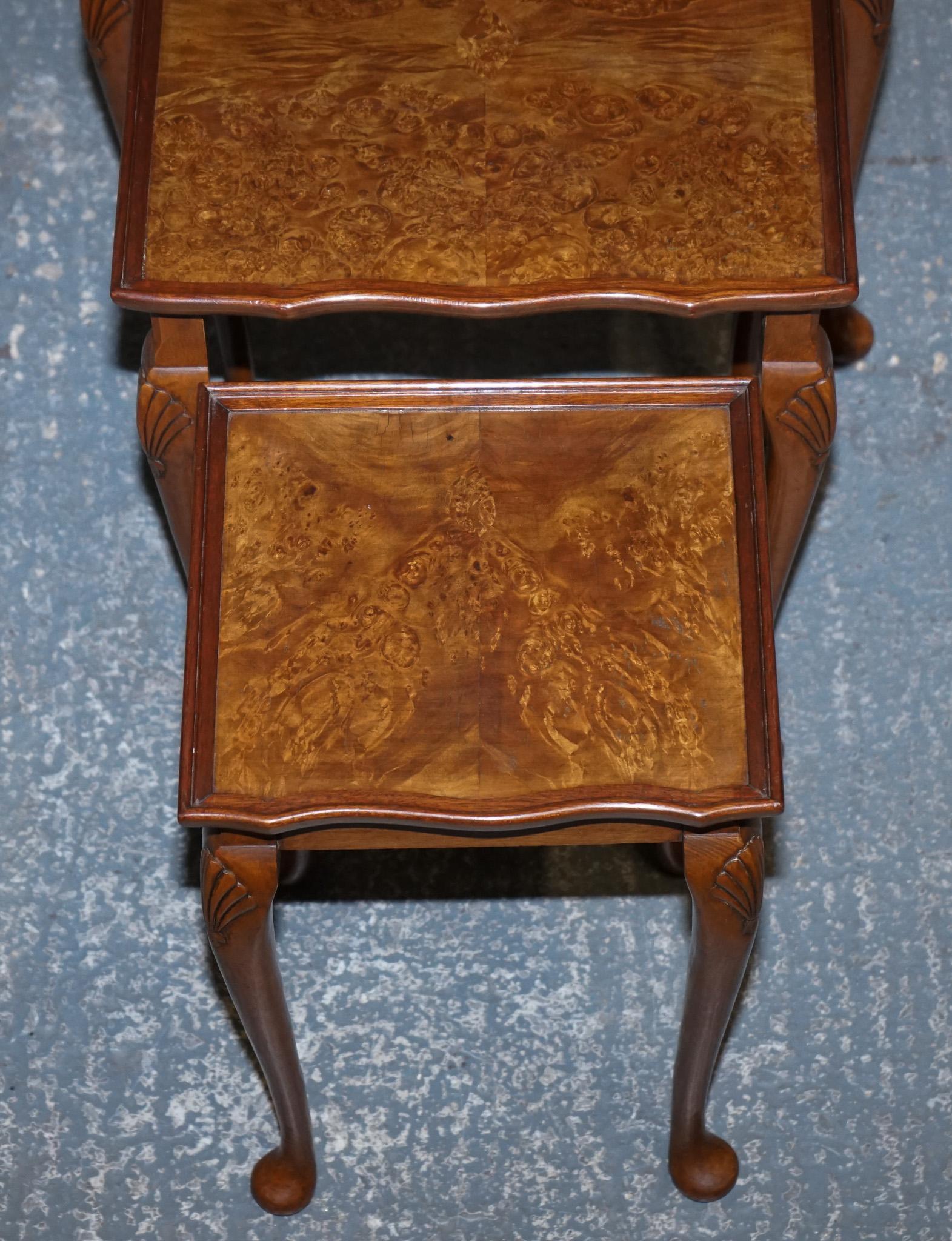 1920's ART DECO BURR WALNUT NEST OF THREE TABLES QUEEN ANNE LEGS For Sale 7