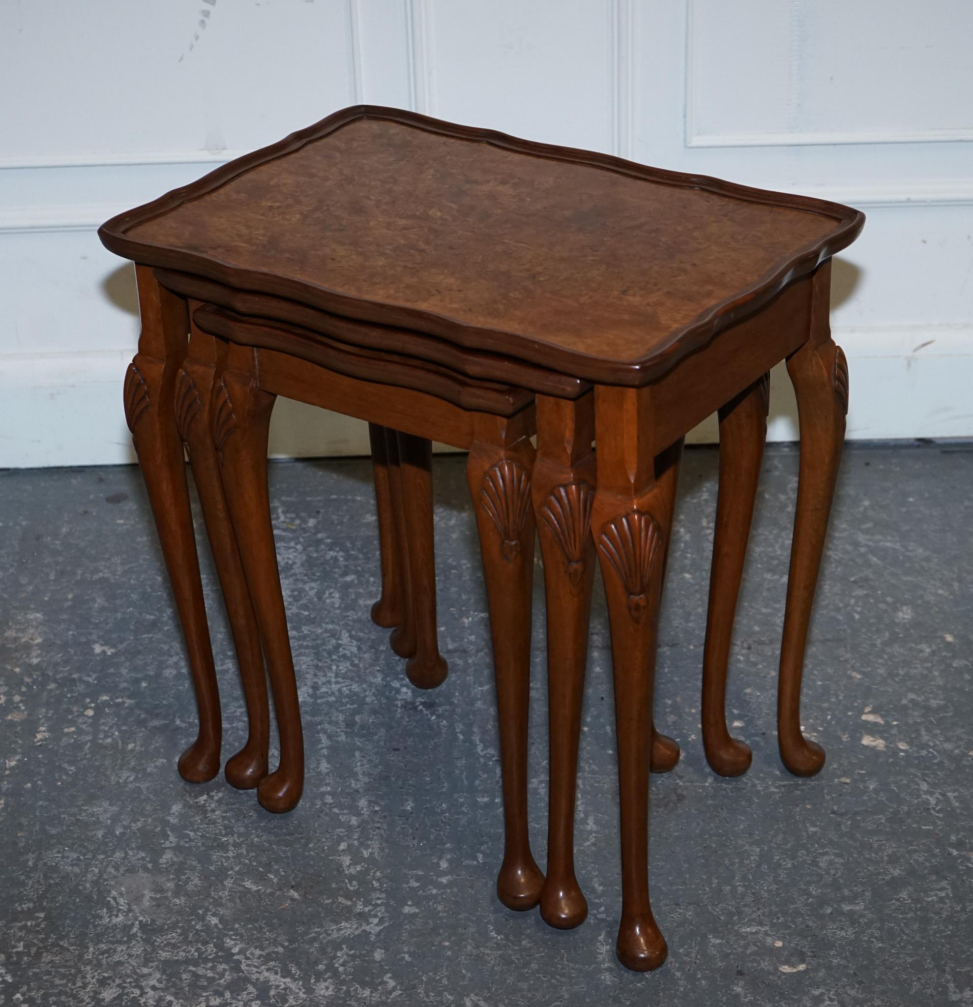 British 1920's ART DECO BURR WALNUT NEST OF THREE TABLES QUEEN ANNE LEGS For Sale
