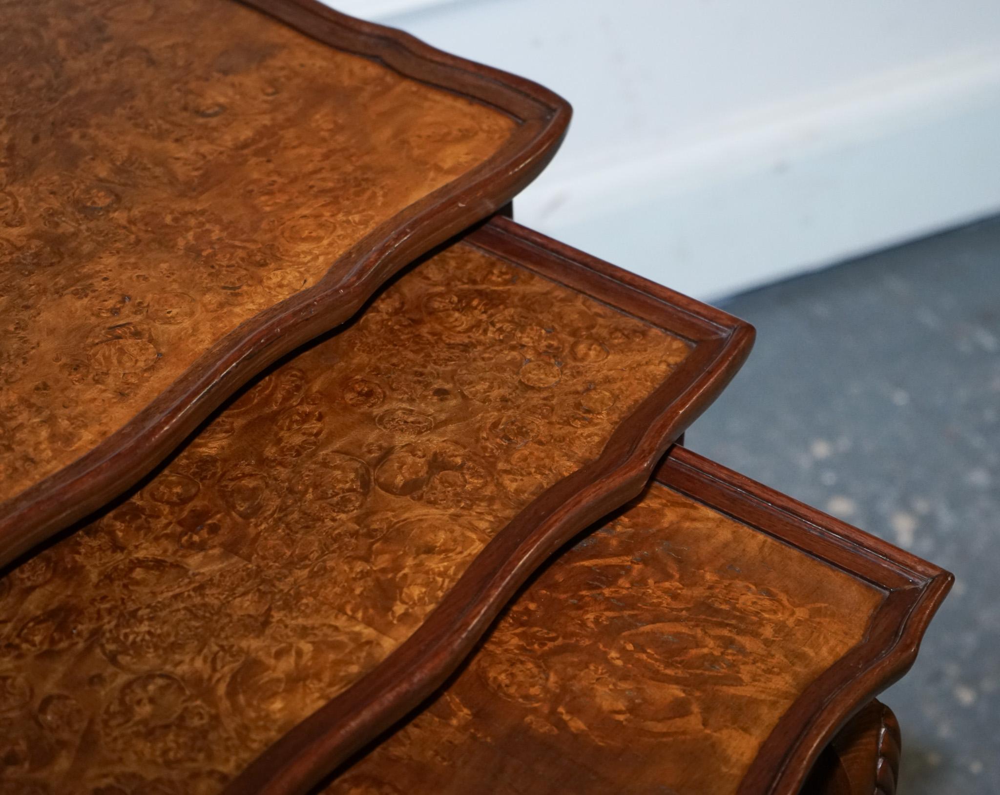 Hand-Crafted 1920's ART DECO BURR WALNUT NEST OF THREE TABLES QUEEN ANNE LEGS For Sale