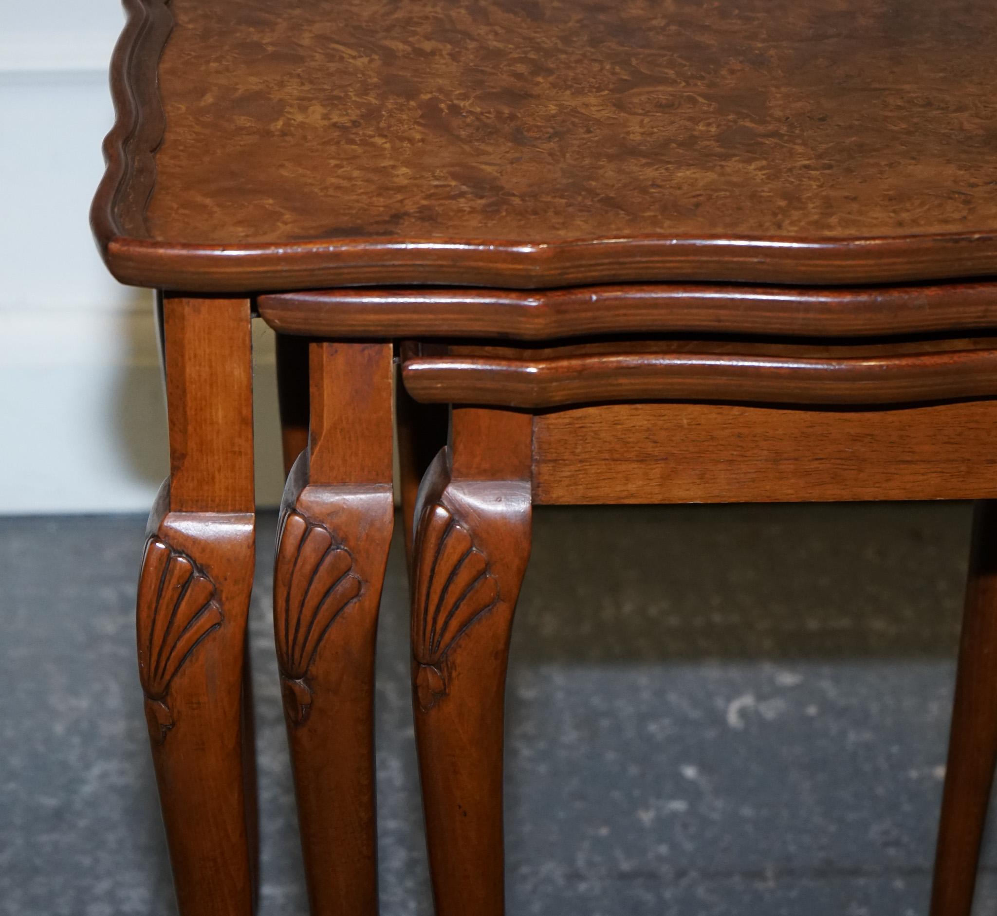20th Century 1920's ART DECO BURR WALNUT NEST OF THREE TABLES QUEEN ANNE LEGS For Sale