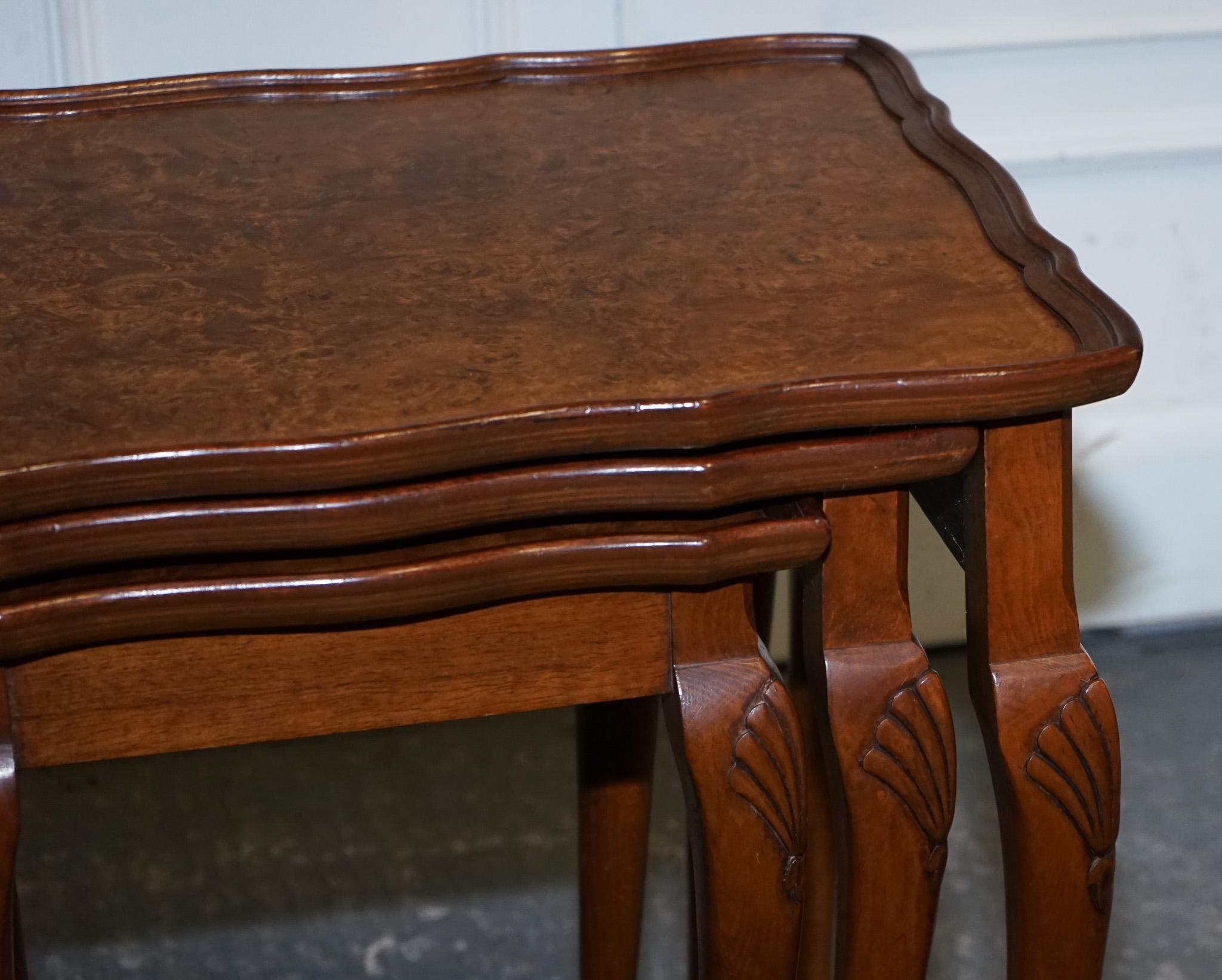 Walnut 1920's ART DECO BURR WALNUT NEST OF THREE TABLES QUEEN ANNE LEGS For Sale