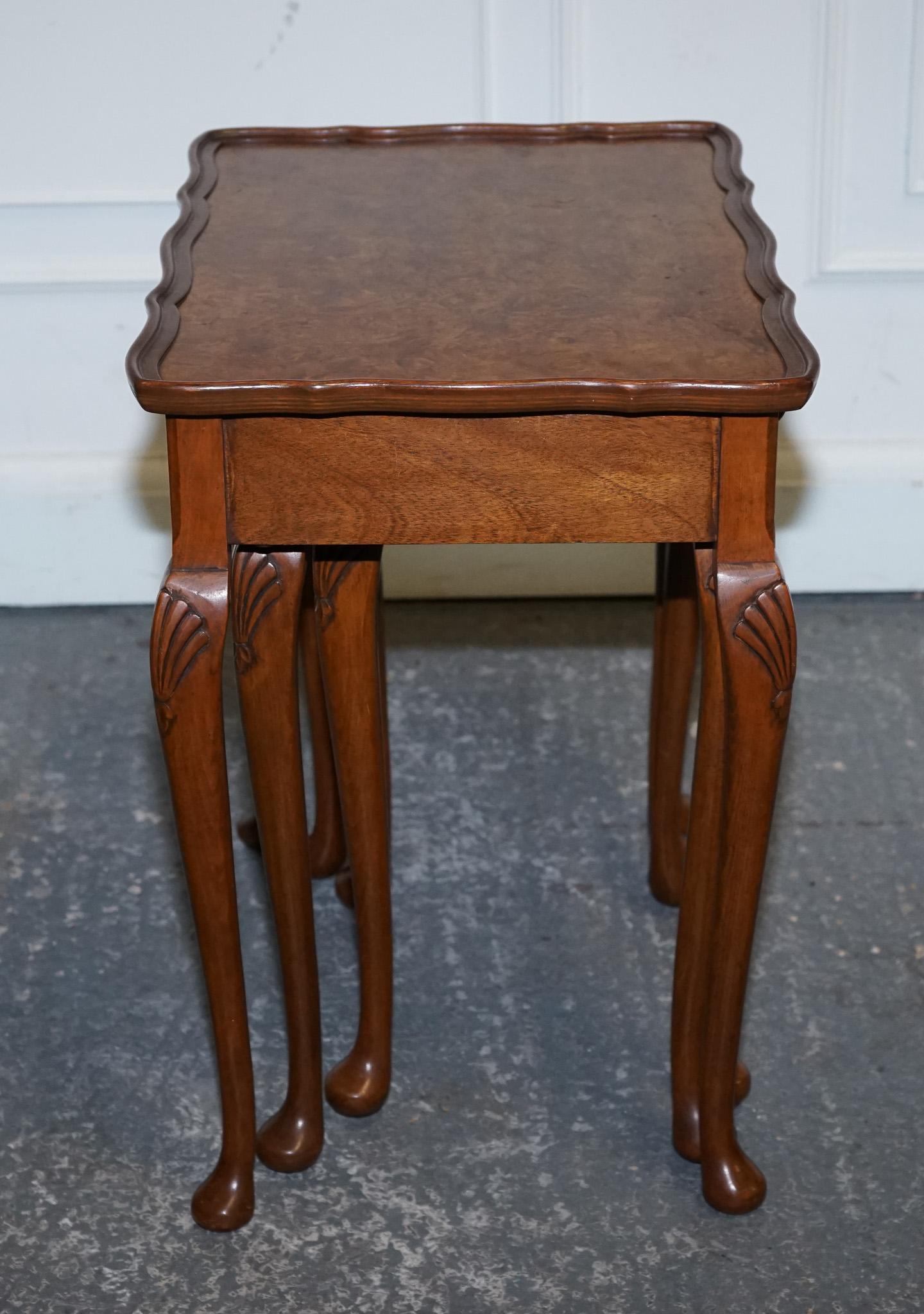 1920's ART DECO BURR WALNUT NEST OF THREE TABLES QUEEN ANNE LEGS For Sale 1