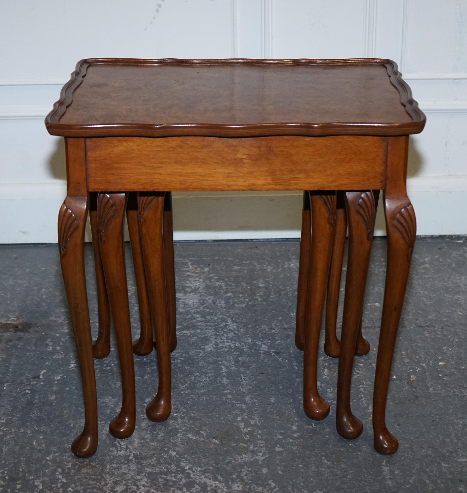 1920's ART DECO BURR WALNUT NEST OF THREE TABLES QUEEN ANNE LEGS For Sale 2