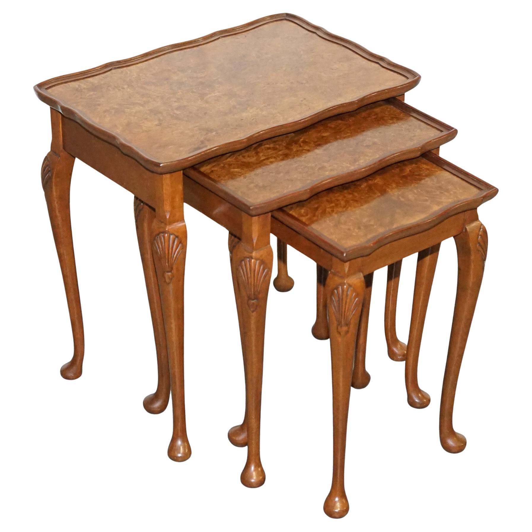 1920's ART DECO BURR WALNUT NIDO DE TRES MESAS QUEEN ANNE LEGS