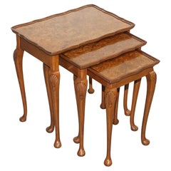 1920's ART DECO BURR WALNUT NIDO DE TRES MESAS QUEEN ANNE LEGS
