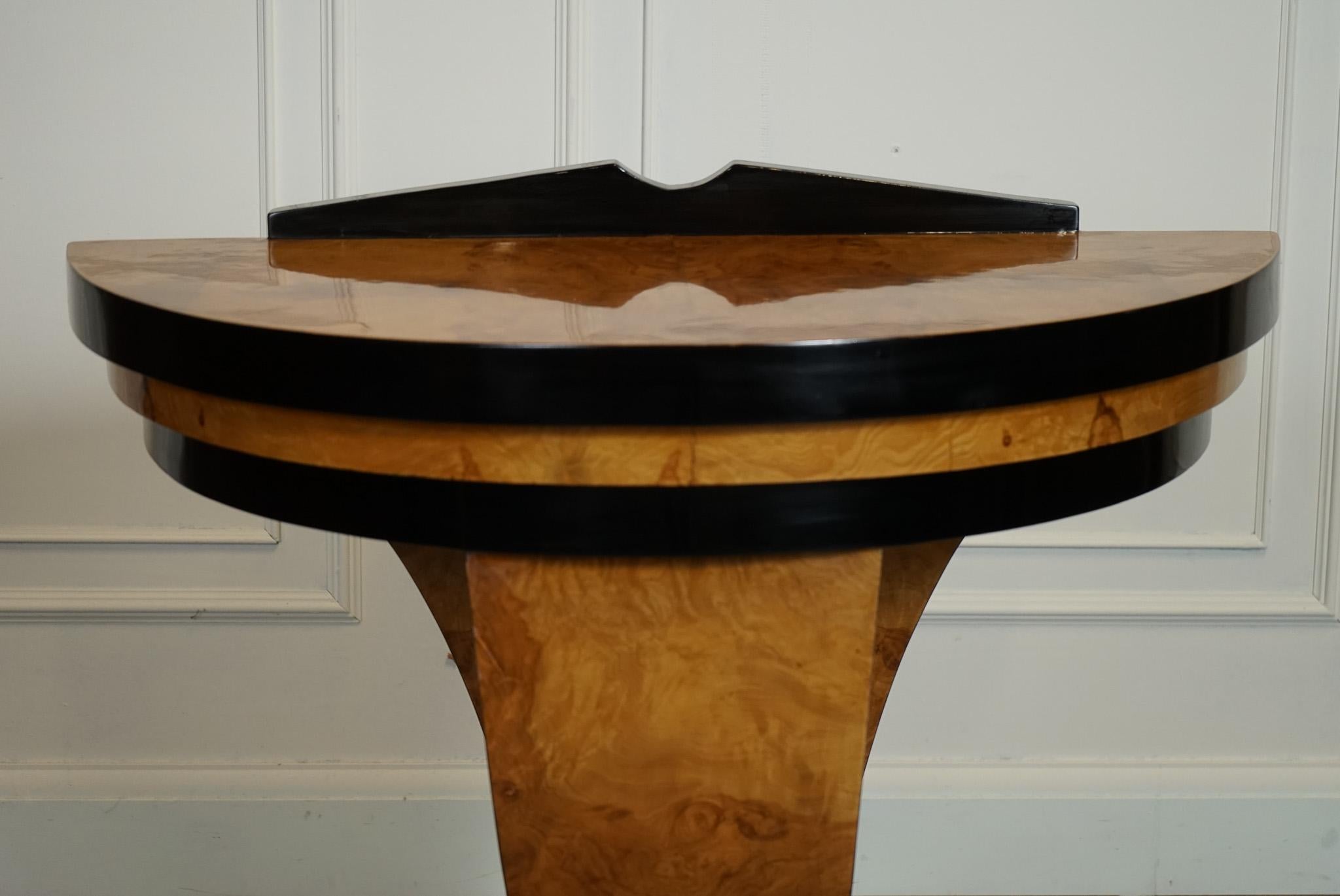 British ART DECO BURR WALNUT WITH BLACK TRIM DEMi LUNE CONSOLE HALL TABLE J1