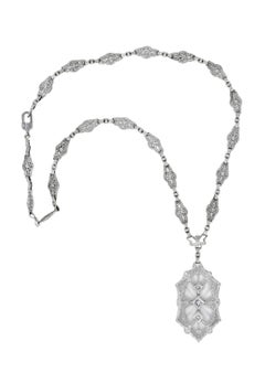 1920's Art Deco Camphor Glass Diamond 14 Karat White Gold Drop Necklace