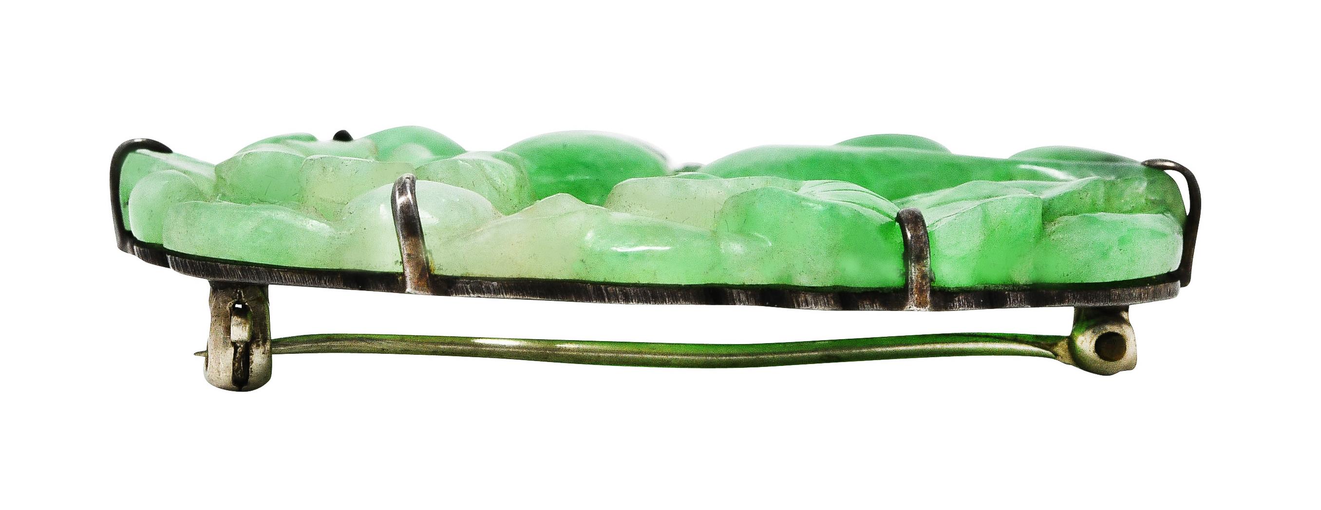 Oval Cut 1920's Art Deco Carved Jadeite Jade Sterling Silver Floral Fruit Brooch GIA For Sale