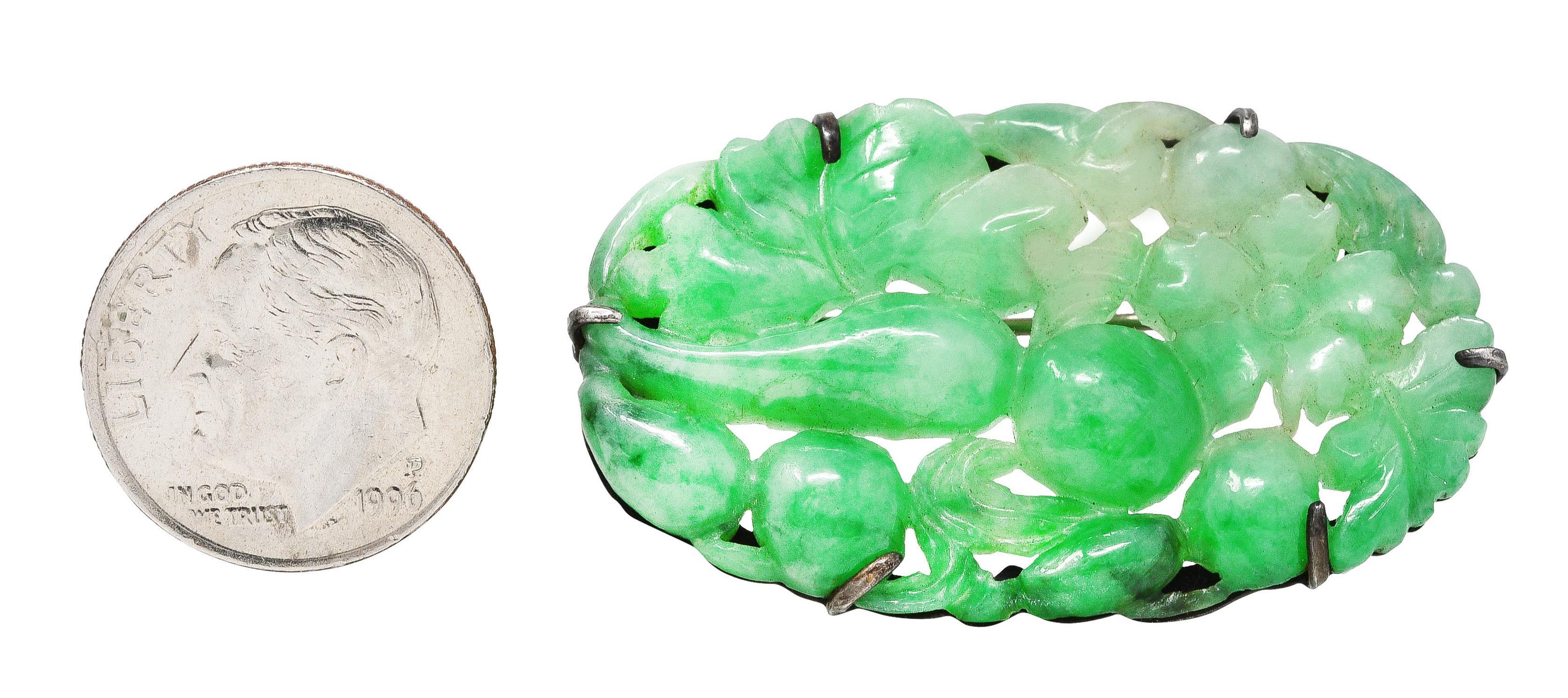 Women's or Men's 1920's Art Deco Carved Jadeite Jade Sterling Silver Floral Fruit Brooch GIA For Sale
