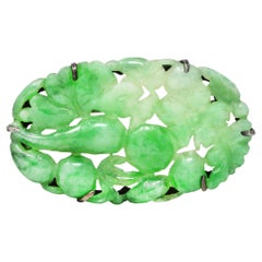 1920's Art Deco Carved Jadeite Jade Sterling Silver Floral Fruit Brooch GIA