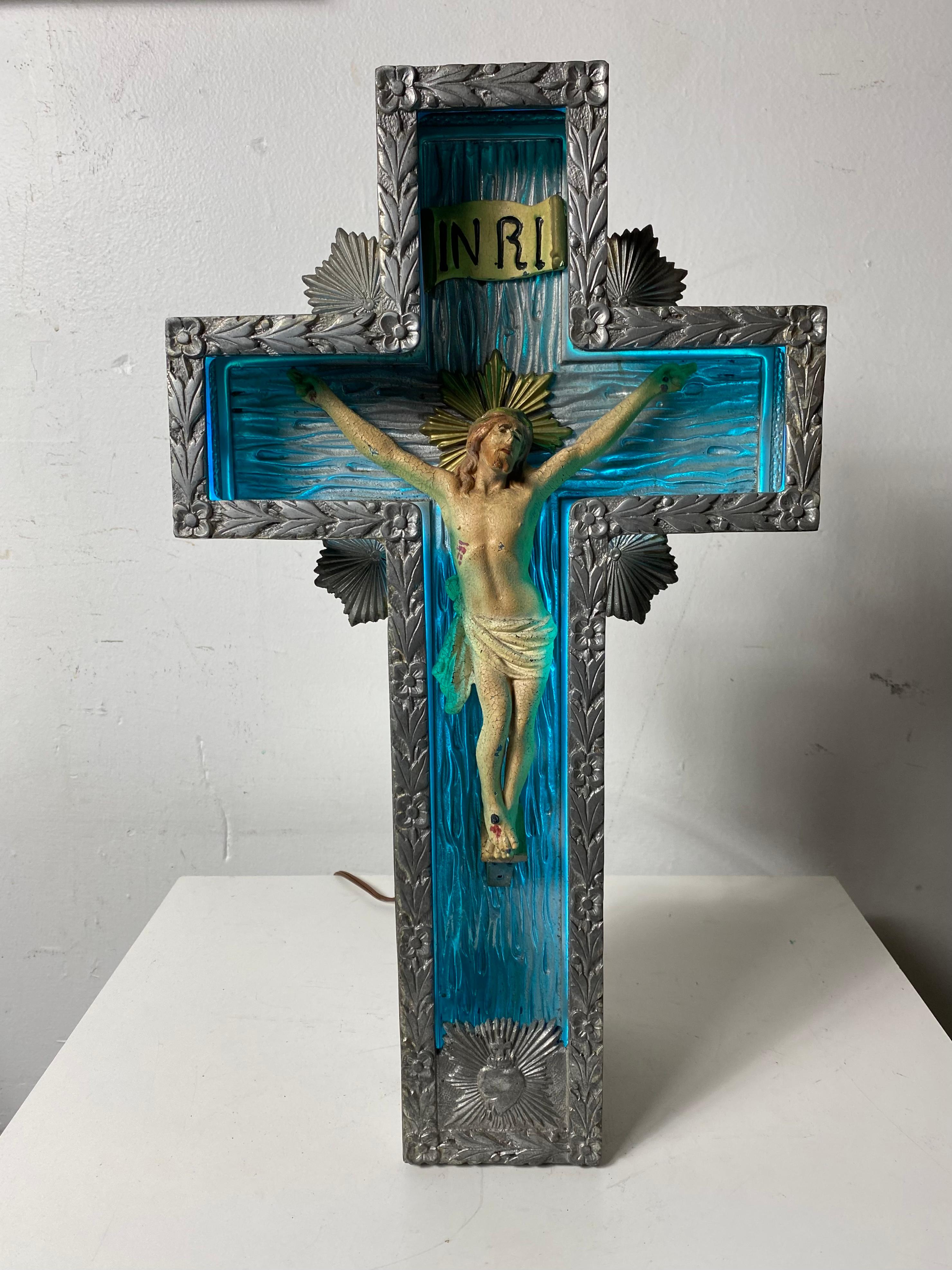 1920s Art Deco Cast Aluminum and Neon Crucifix.Beautiful original blue neon cross,, Christ figure retains its original patina,,