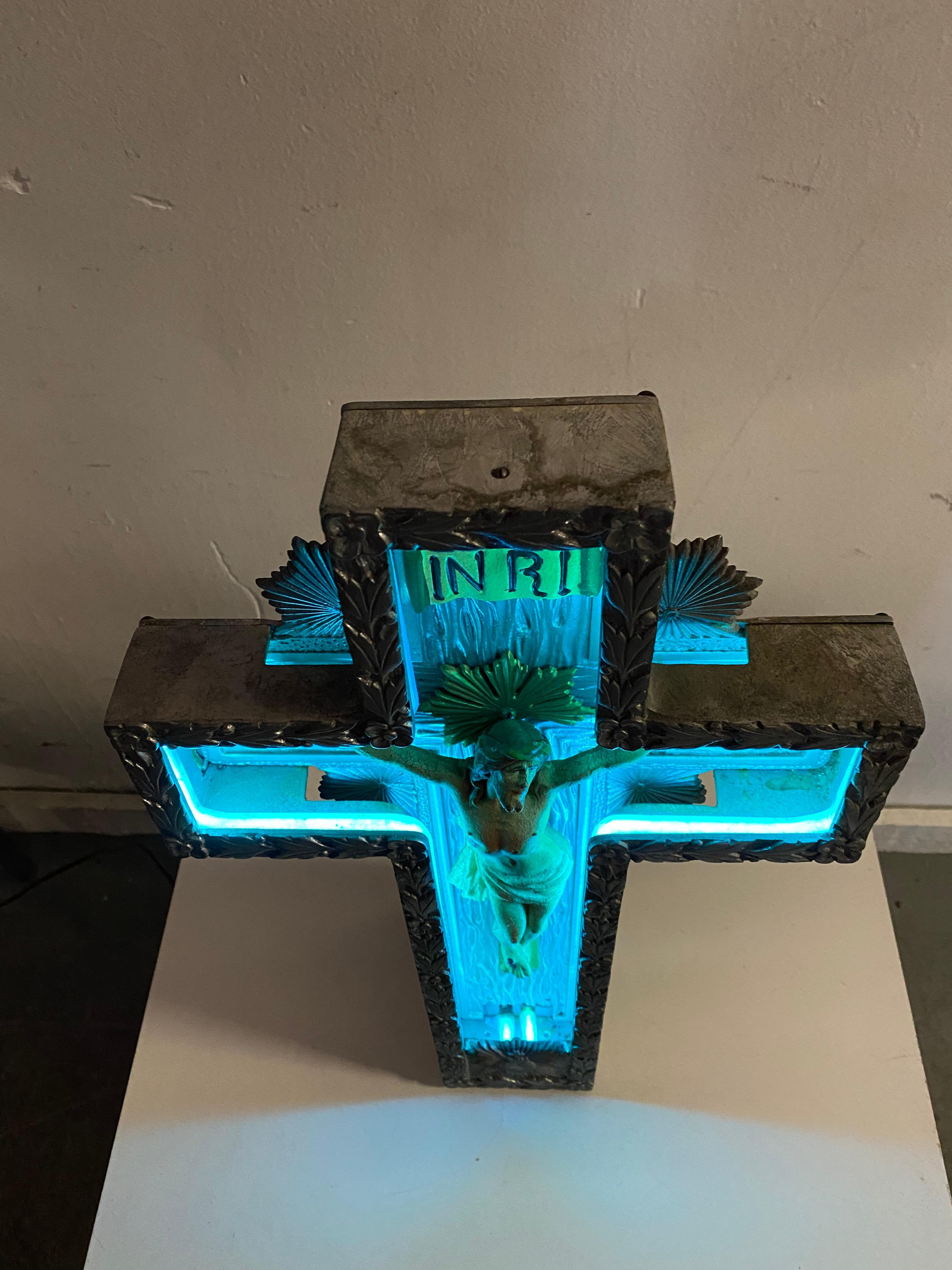 American 1920s Art Deco Cast Aluminum and Neon Crucifix.