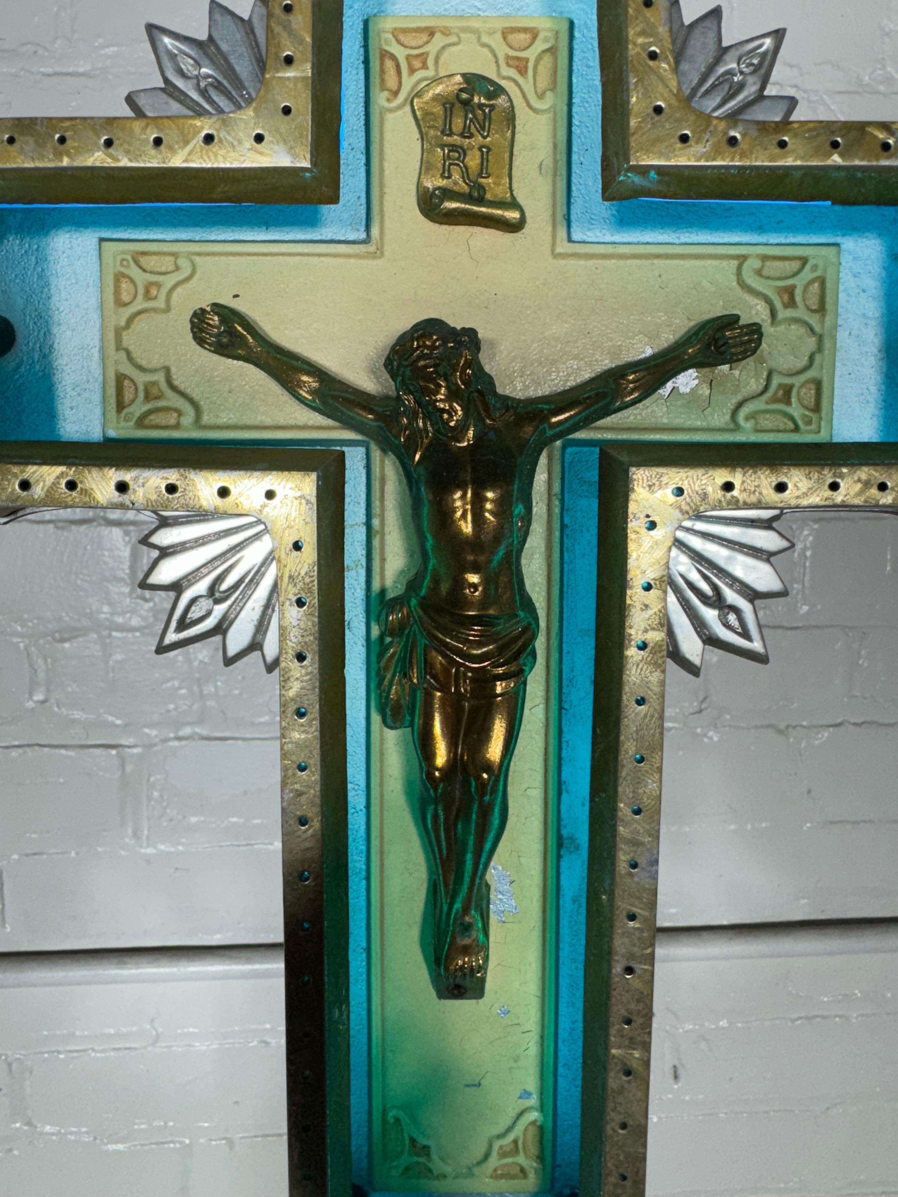 1920s Art Deco Cast Aluminum and Neon Crucifix. In Good Condition In Buffalo, NY