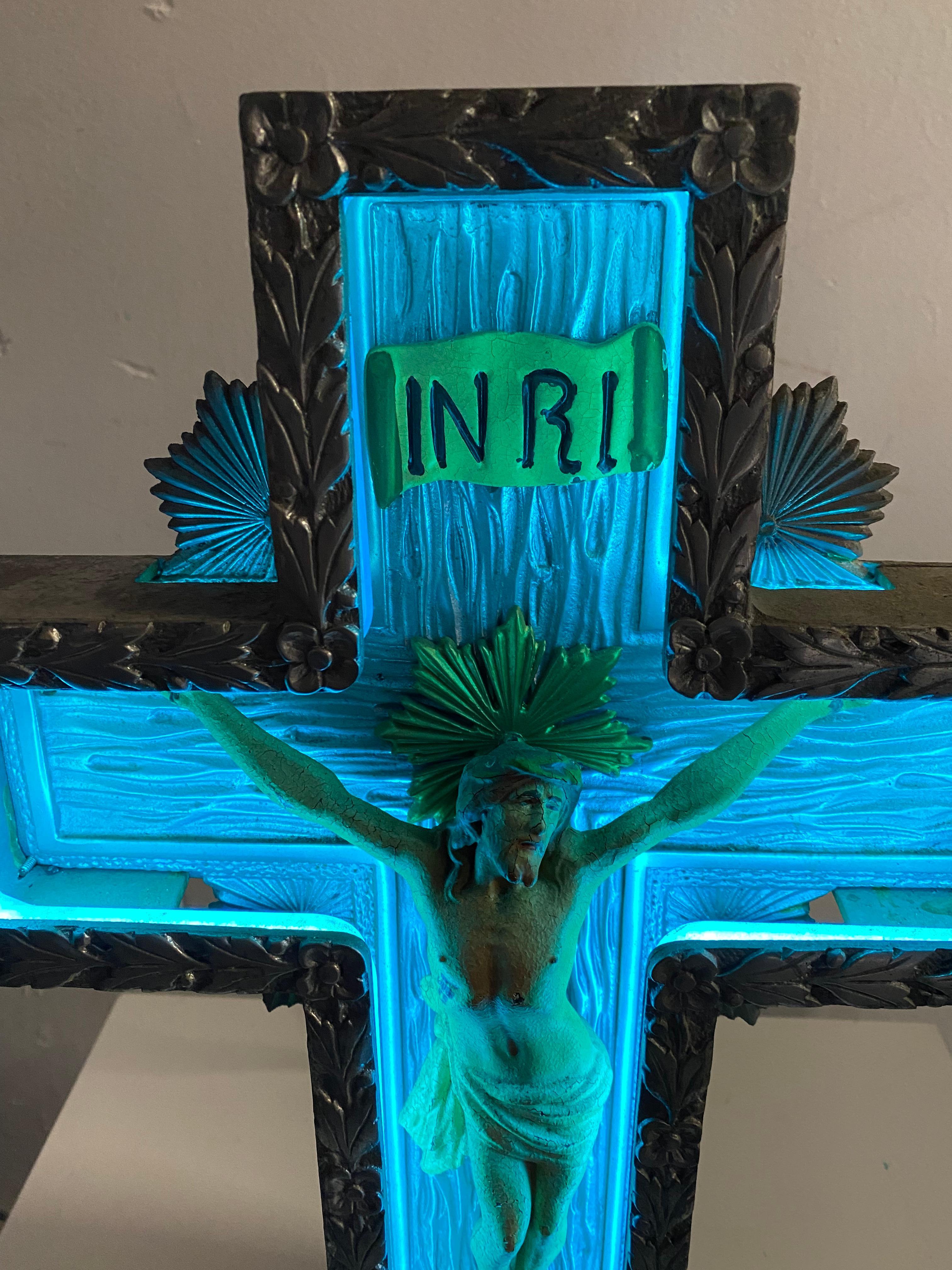 Early 20th Century 1920s Art Deco Cast Aluminum and Neon Crucifix.
