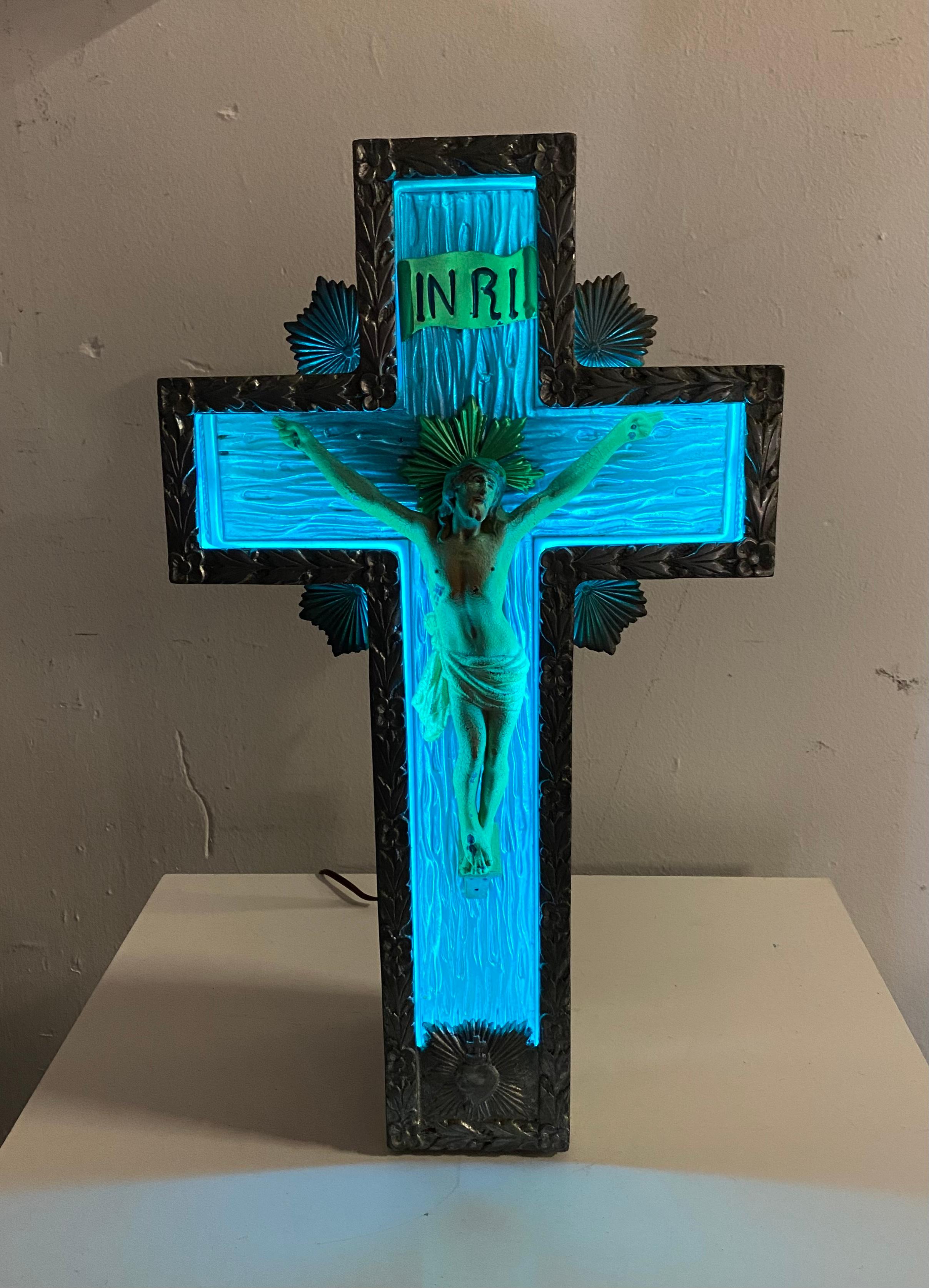 Metal 1920s Art Deco Cast Aluminum and Neon Crucifix.