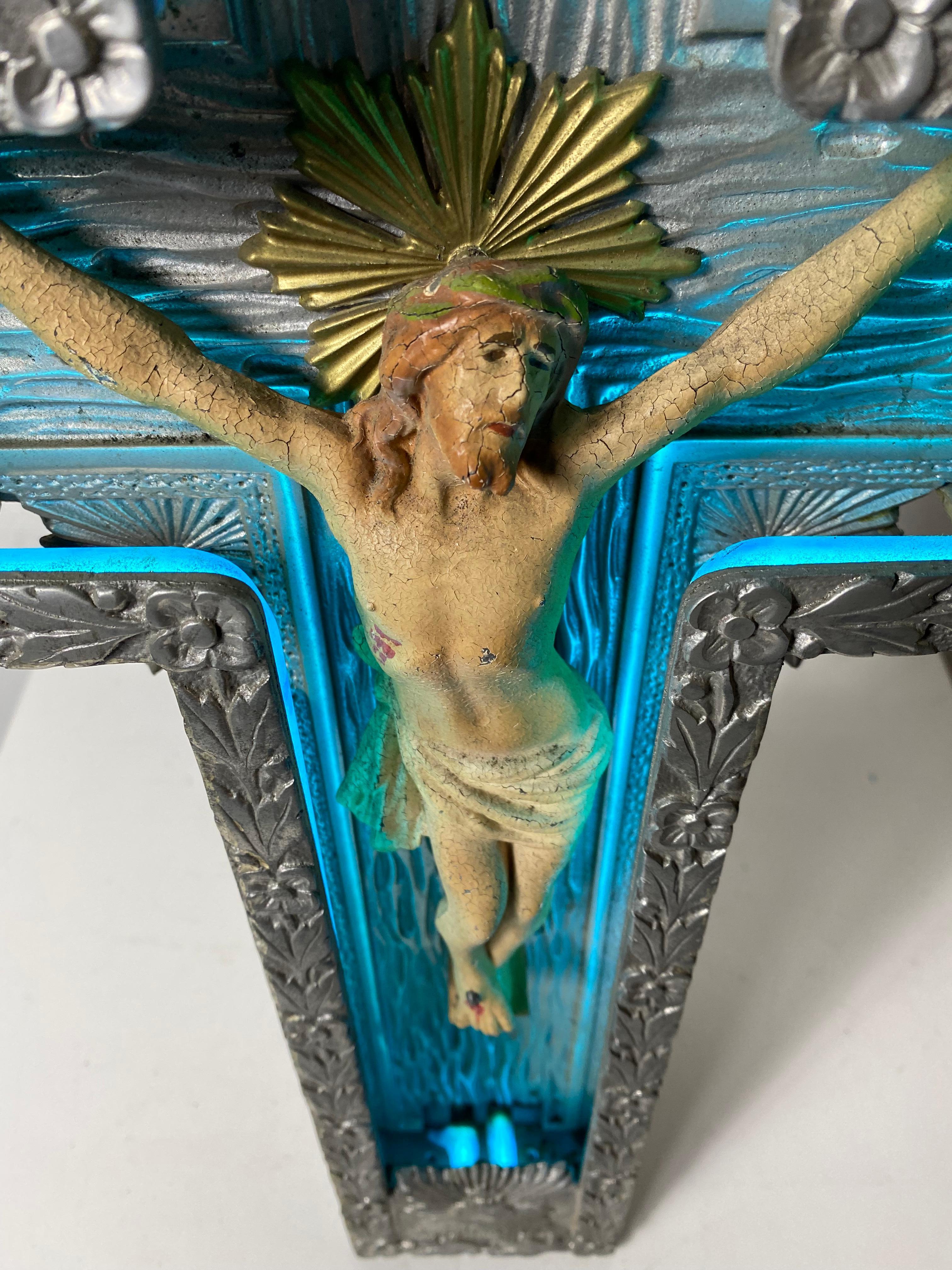 1920s Art Deco Cast Aluminum and Neon Crucifix. 2