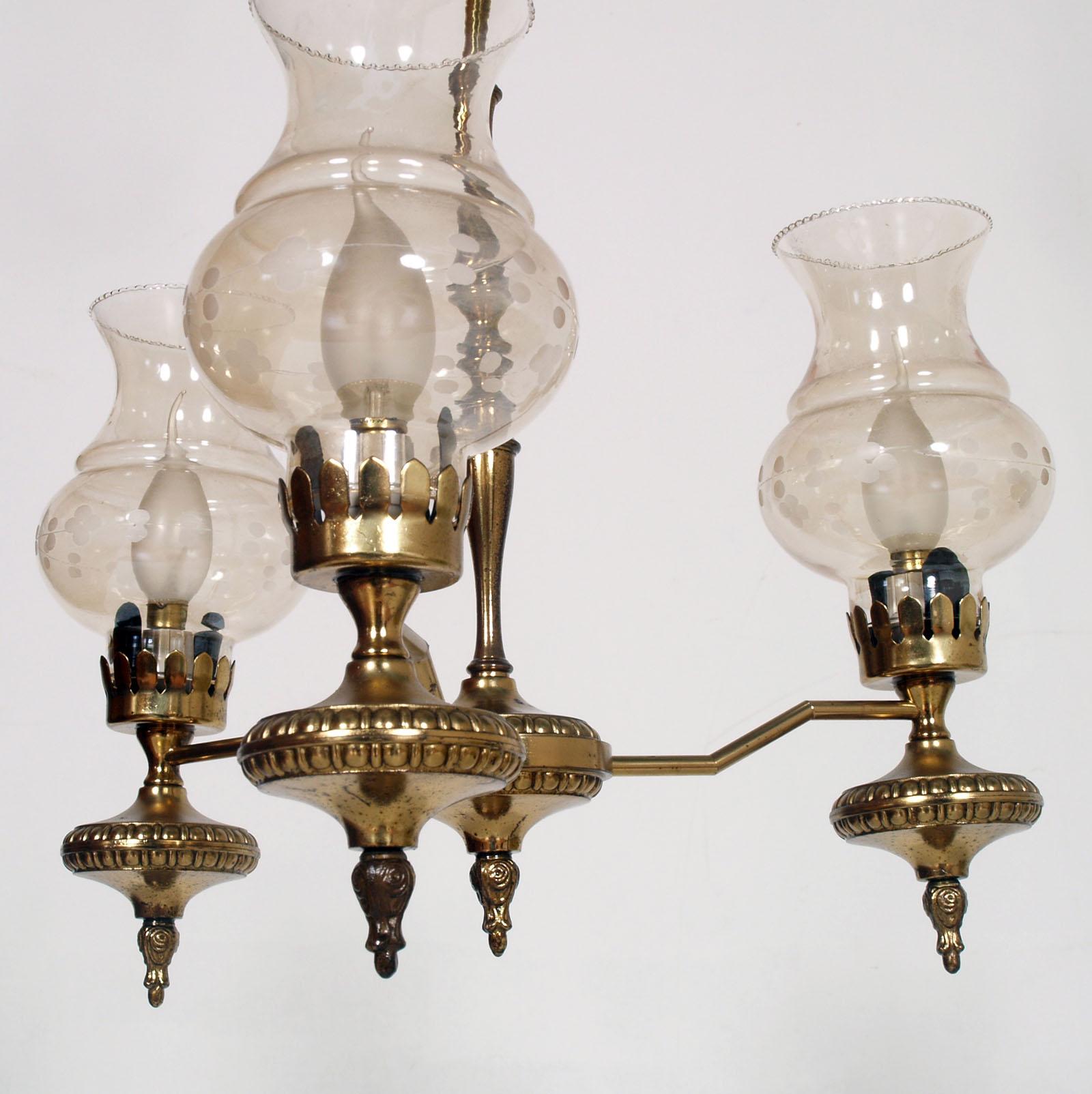 Italian 1920s Art Deco Chandelier Three Lights, Golden Brass and Murano Glass, Restored For Sale