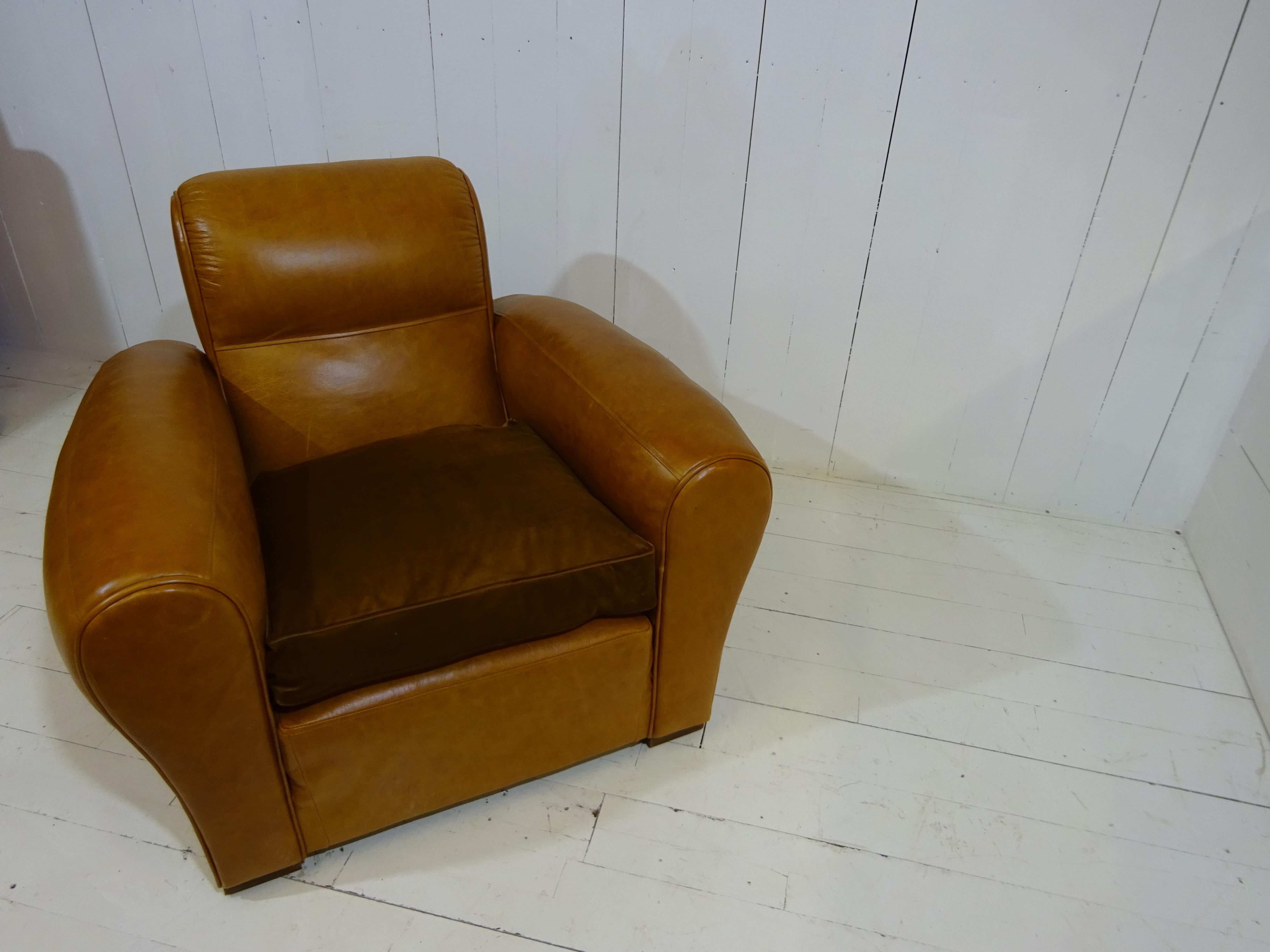 French 1920's Art Deco Club Chair in Distressed Caramel Aniline Leather
