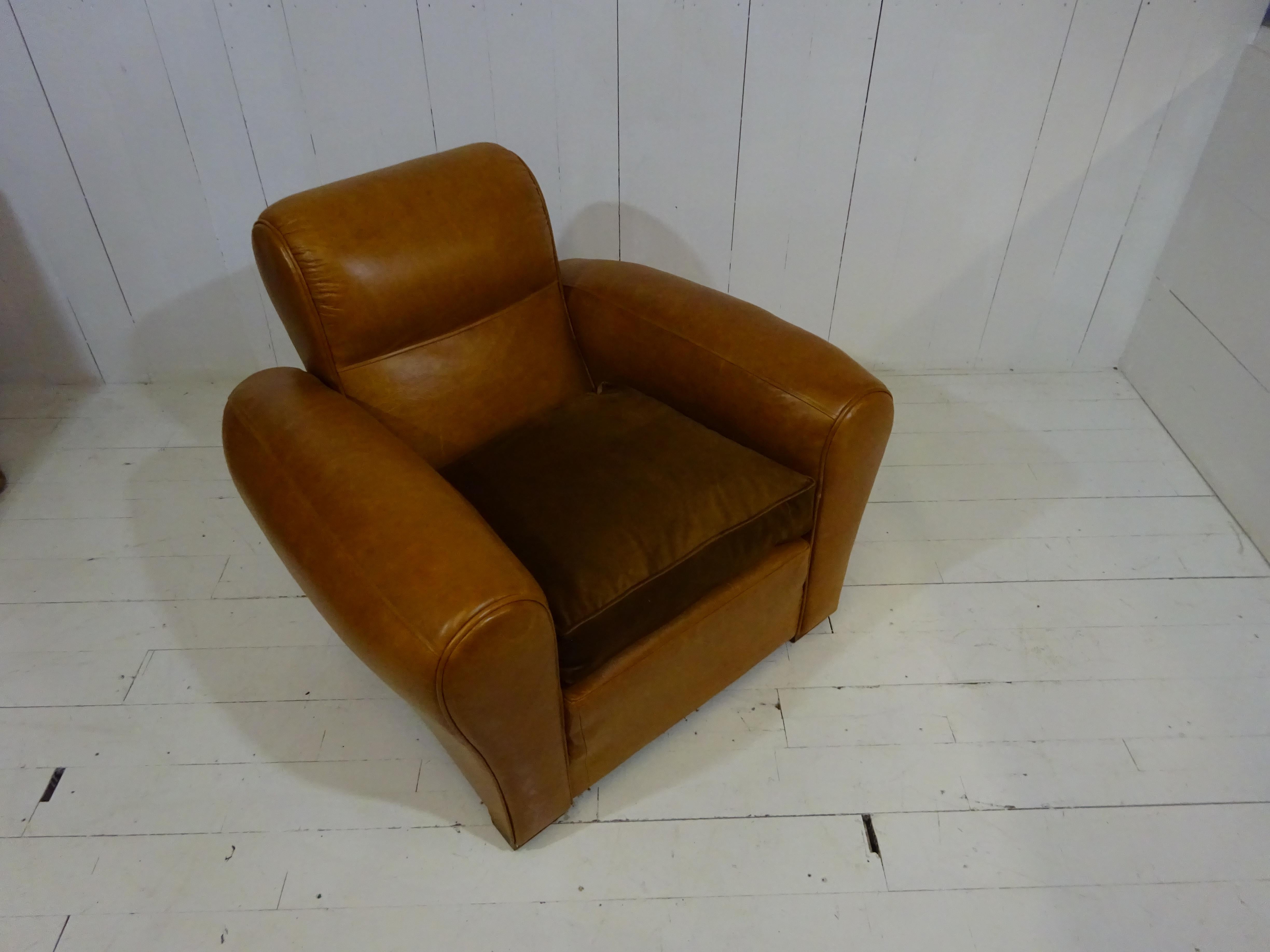 Early 20th Century 1920's Art Deco Club Chair in Distressed Caramel Aniline Leather