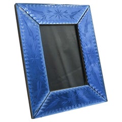 1920'S ART DECO COBALT BLUE FLORAL ETCHED PICTURE FRAME WiTH BEVELED GLASS