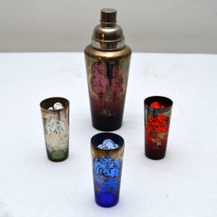 1920s Art Deco Colored Glass Cocktail Shaker and Glasses