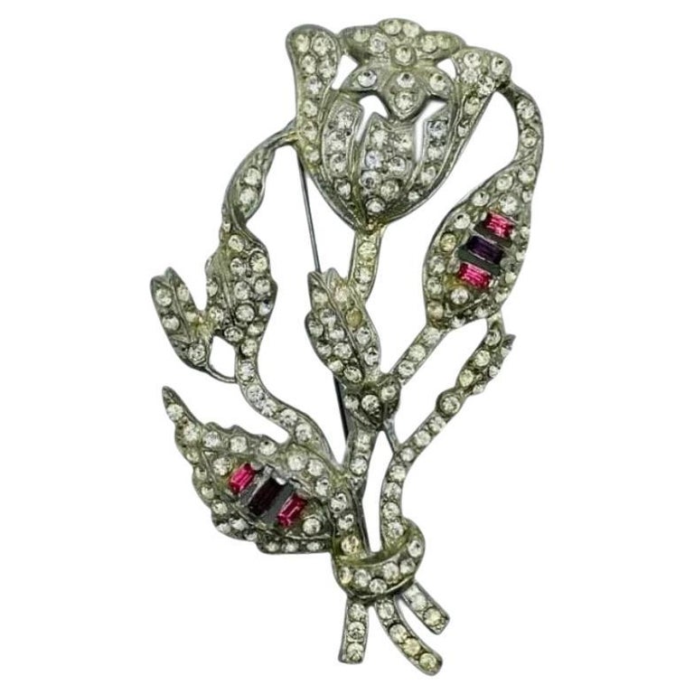 1920's Art Deco Costume Jewelry Rhinestone Rose Brooch For Sale at 1stDibs
