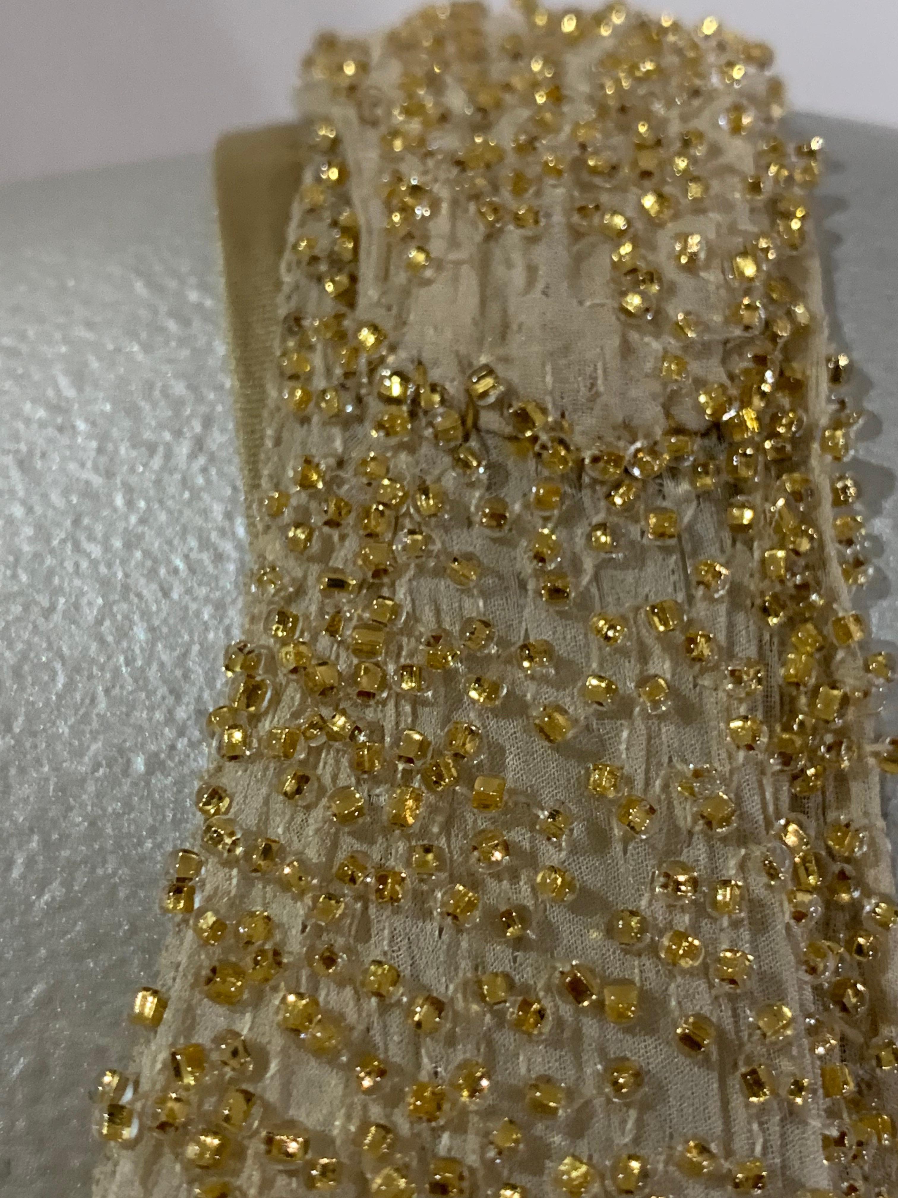 1920s Art Deco Cream Silk Chiffon Dress w Solid Gold-Tone Bead Embellishment For Sale 6