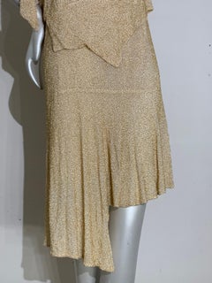 1920s Art Deco Cream Silk Chiffon Dress w Solid Gold-Tone Bead Embellishment
