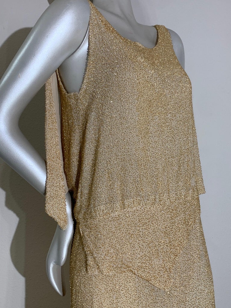 1920s Art Deco Cream Silk Chiffon Dress W Solid Gold-Tone Bead Embellishment