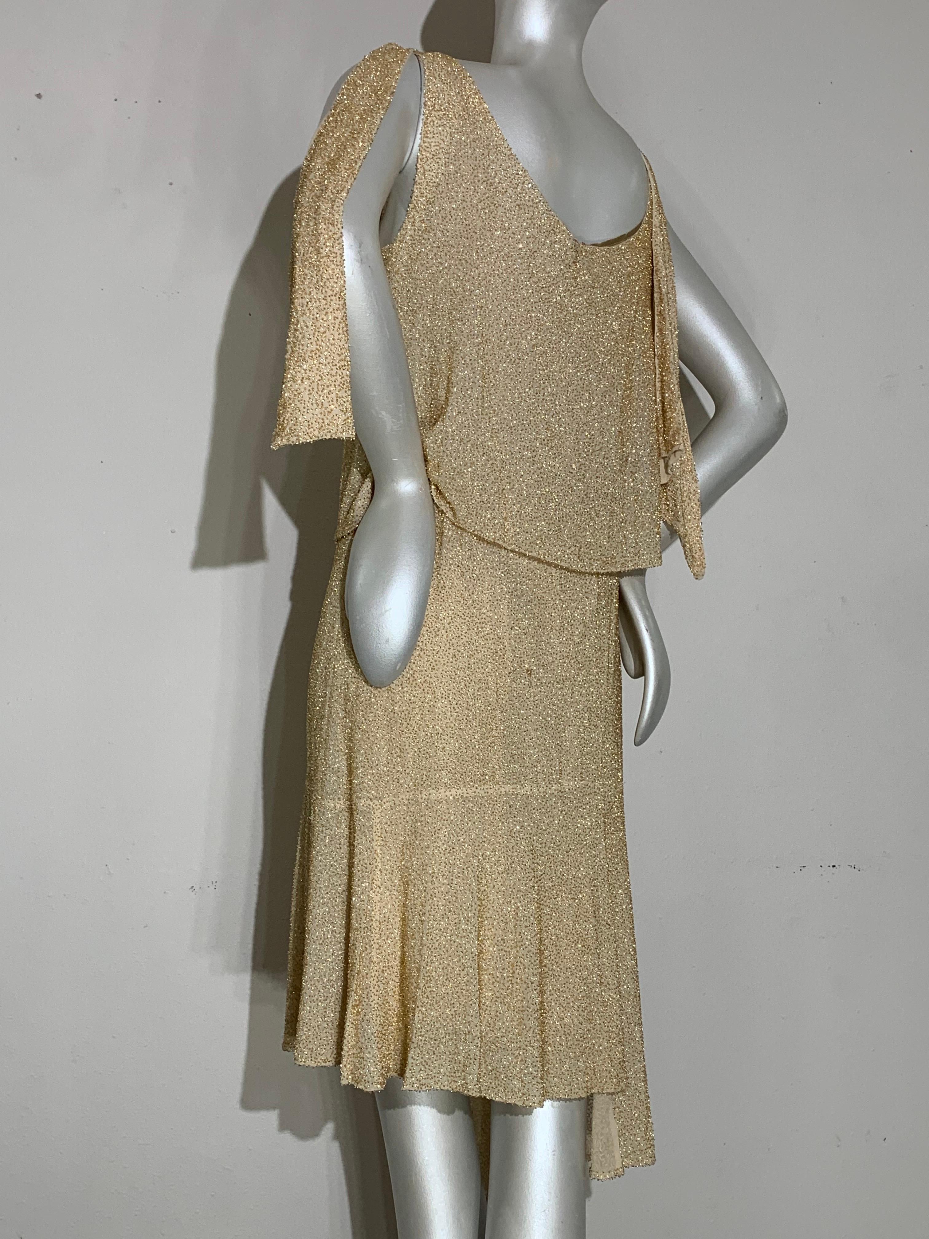 1920s Art Deco Cream Silk Chiffon Dress w Solid Gold-Tone Bead Embellishment In Good Condition For Sale In Gresham, OR