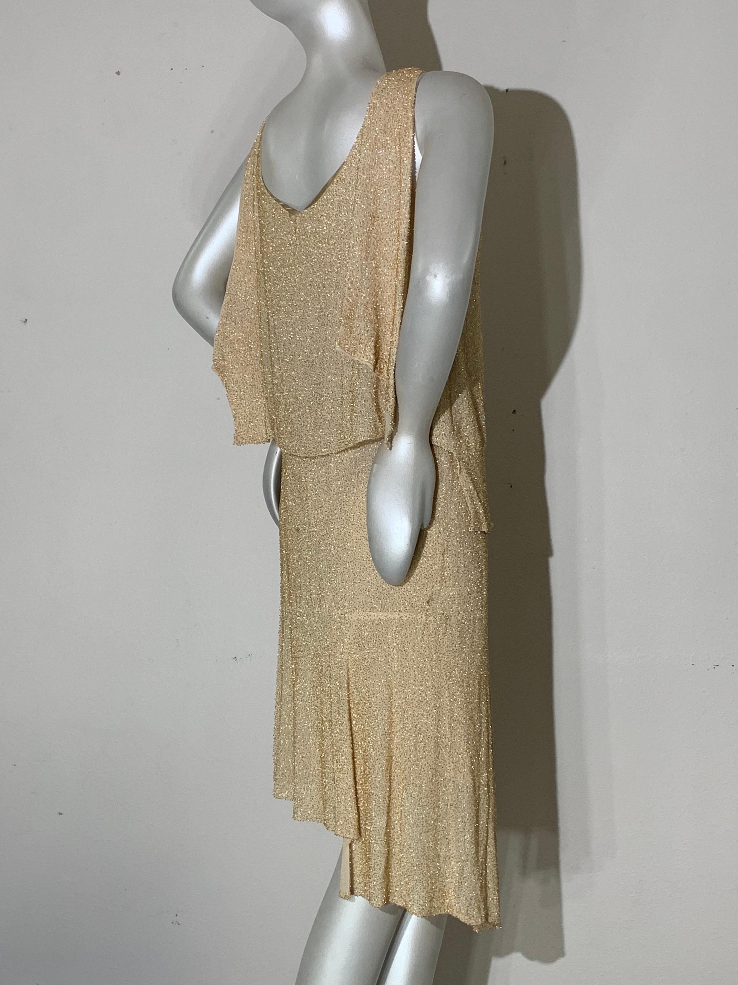Women's 1920s Art Deco Cream Silk Chiffon Dress w Solid Gold-Tone Bead Embellishment For Sale