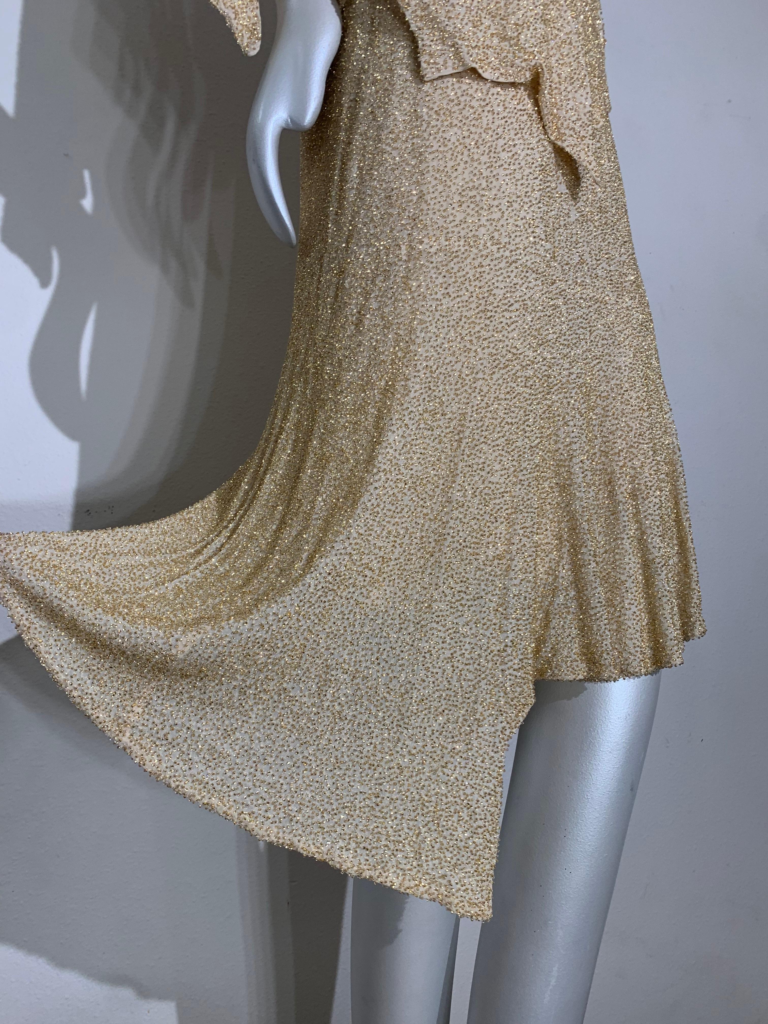 1920s Art Deco Cream Silk Chiffon Dress w Solid Gold-Tone Bead Embellishment For Sale 3