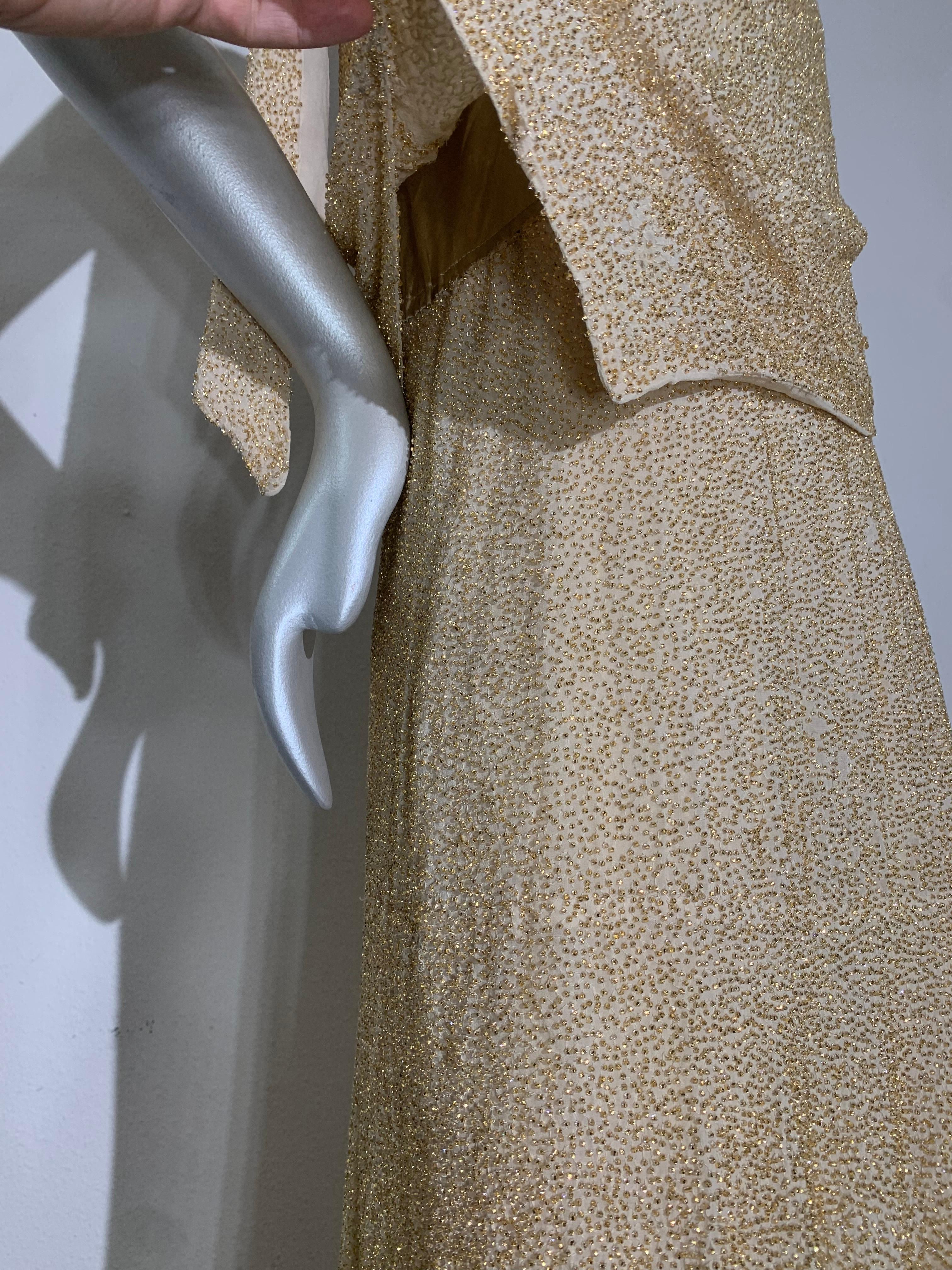 1920s Art Deco Cream Silk Chiffon Dress w Solid Gold-Tone Bead Embellishment For Sale 4