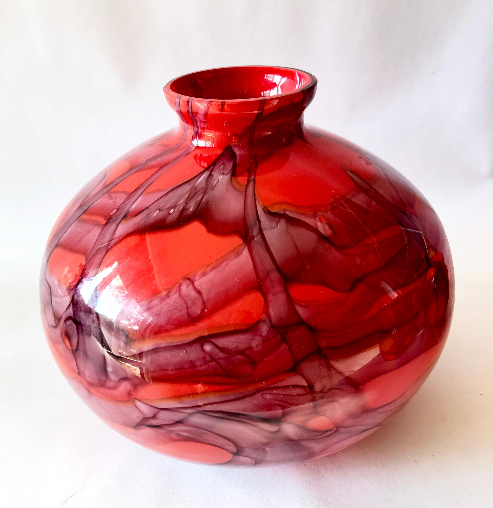 Beautiful collection of four Art Deco Czechoslovakian Kralik vases, circa 1920s-1930s. Large red ball vase measures 7.75 tall, small orange and green ball vases measure 6