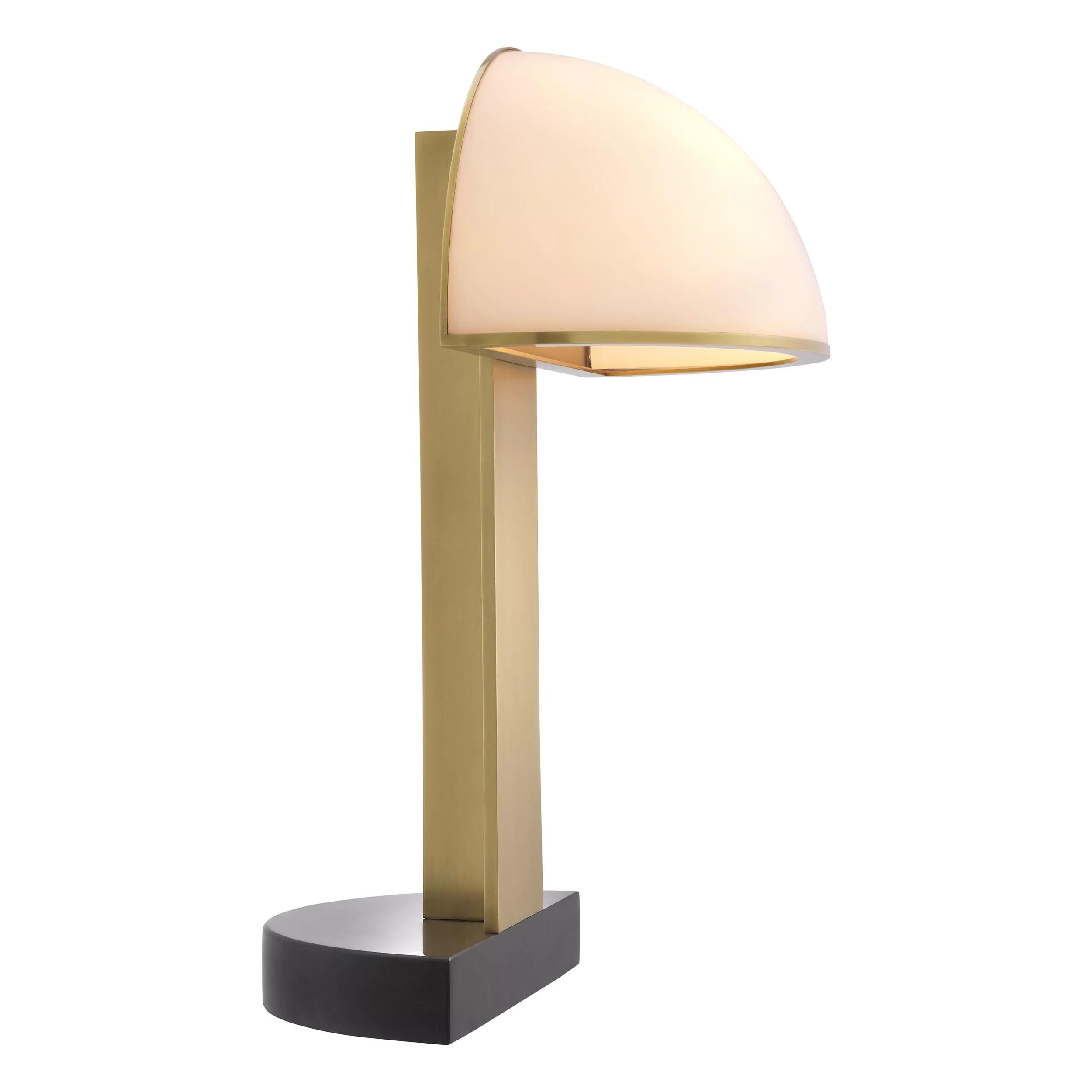 1920s design and Art Deco style brass and white opaline glass with black marble table lamp composed of a brass finishes metal structure adorned with a black marble base and a handmade white opaline mushroom shaped shade. 1 E27 light bulb required.
