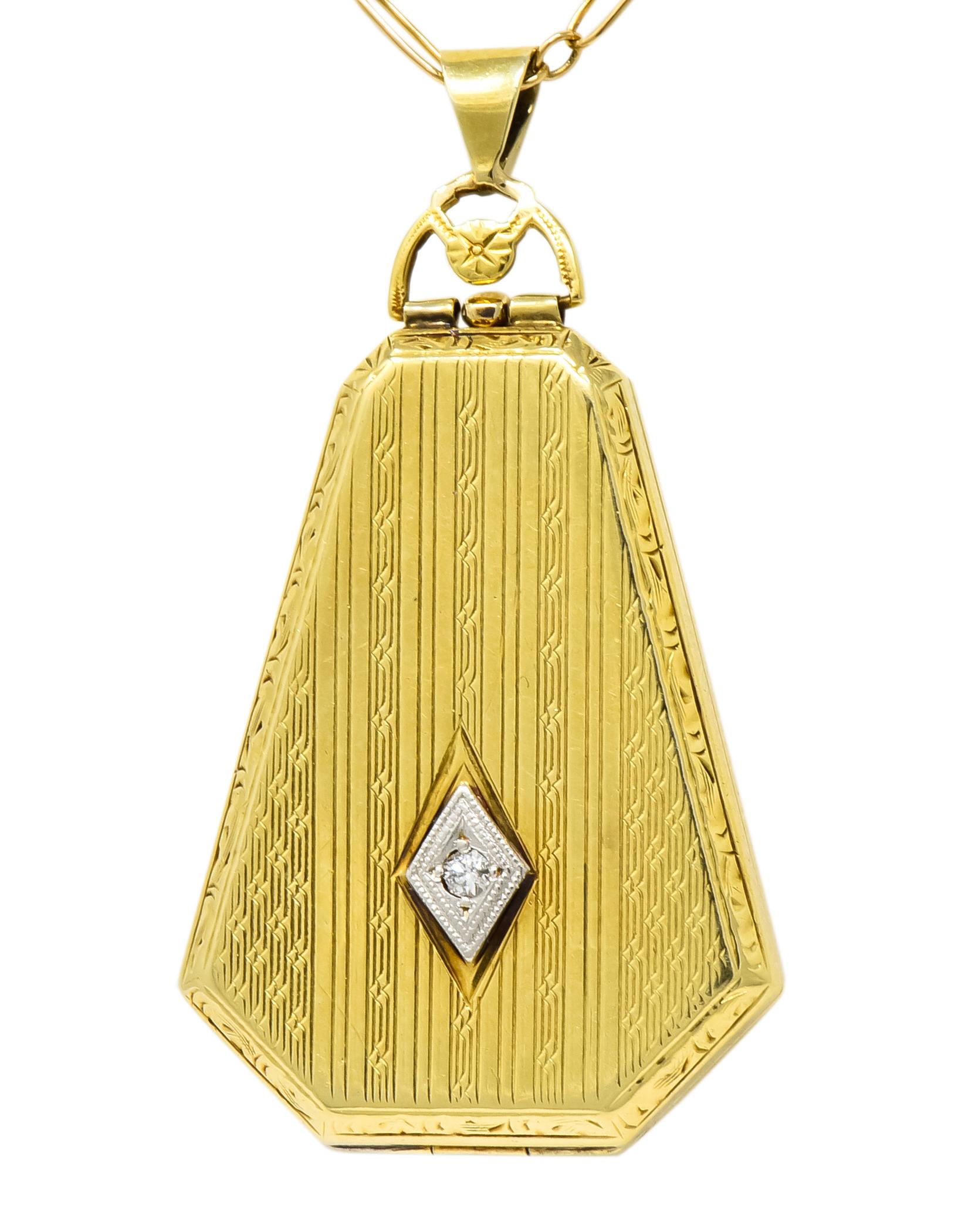 1920s Art Deco Diamond 14 Karat Gold Locket Pendant Necklace In Excellent Condition In Philadelphia, PA